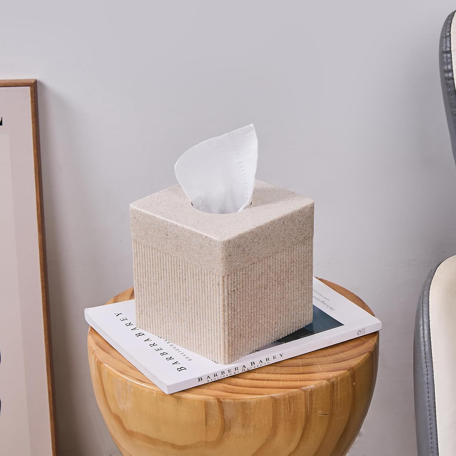 Sandstone Ribbed Tissue Box Cover – Modern Resin Cube Holder for Bathroom, Bedroom, Office – Decorative Square Tissue Box for Countertop, Nightstand, Vanity & Desk – Heavy&Sturdy