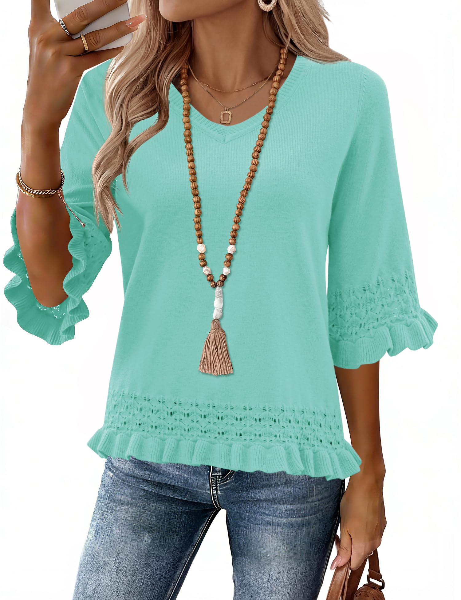 LOMON Women's Sweaters 3/4 Sleeve Business Casual Sweater V Neck Boho Tops Cute Crop Knit Peplum Pullover Spring Outfits — view 8