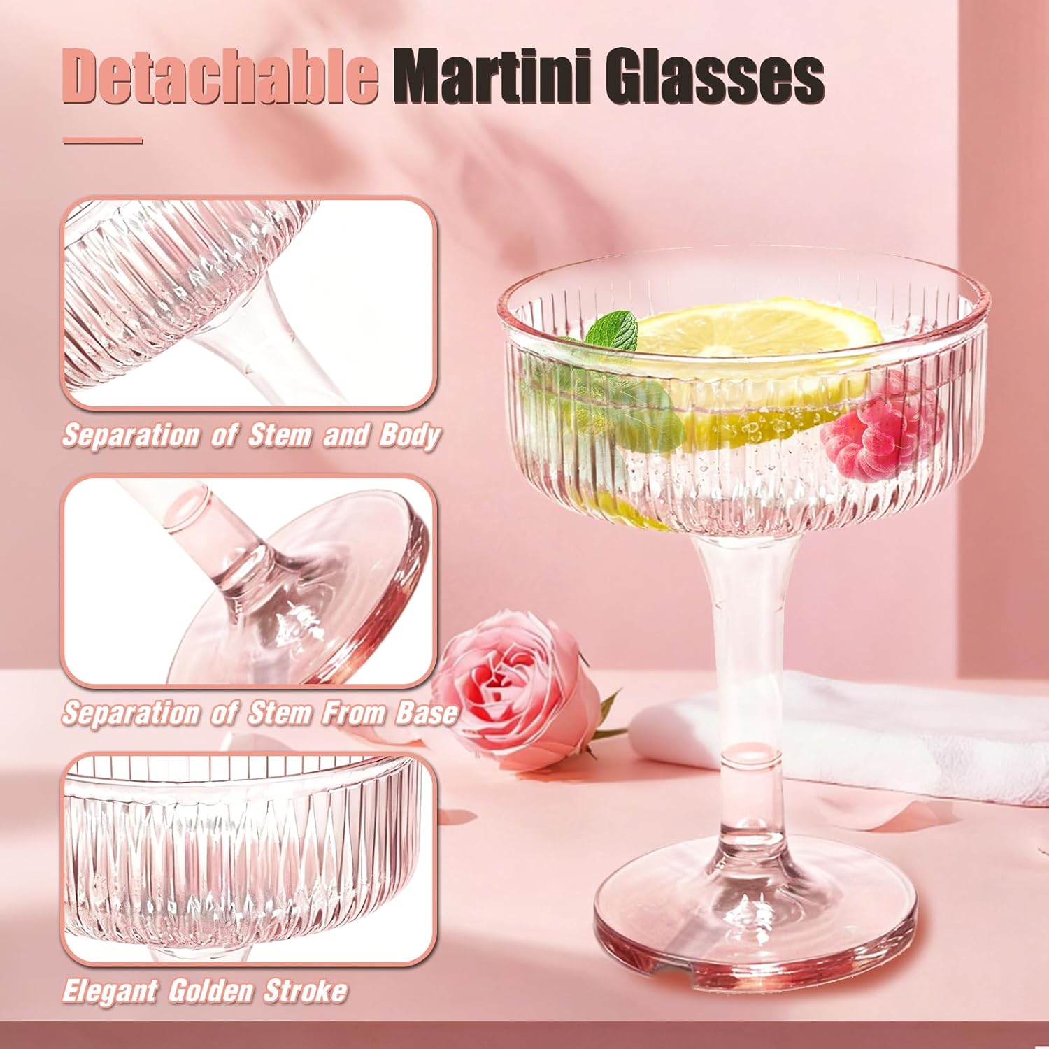 12pcs Detachable Martini Glasses Set, Shatterproof & Portable, Translucent with Gold Rim for Party, Wedding, Outdoor (Pink)