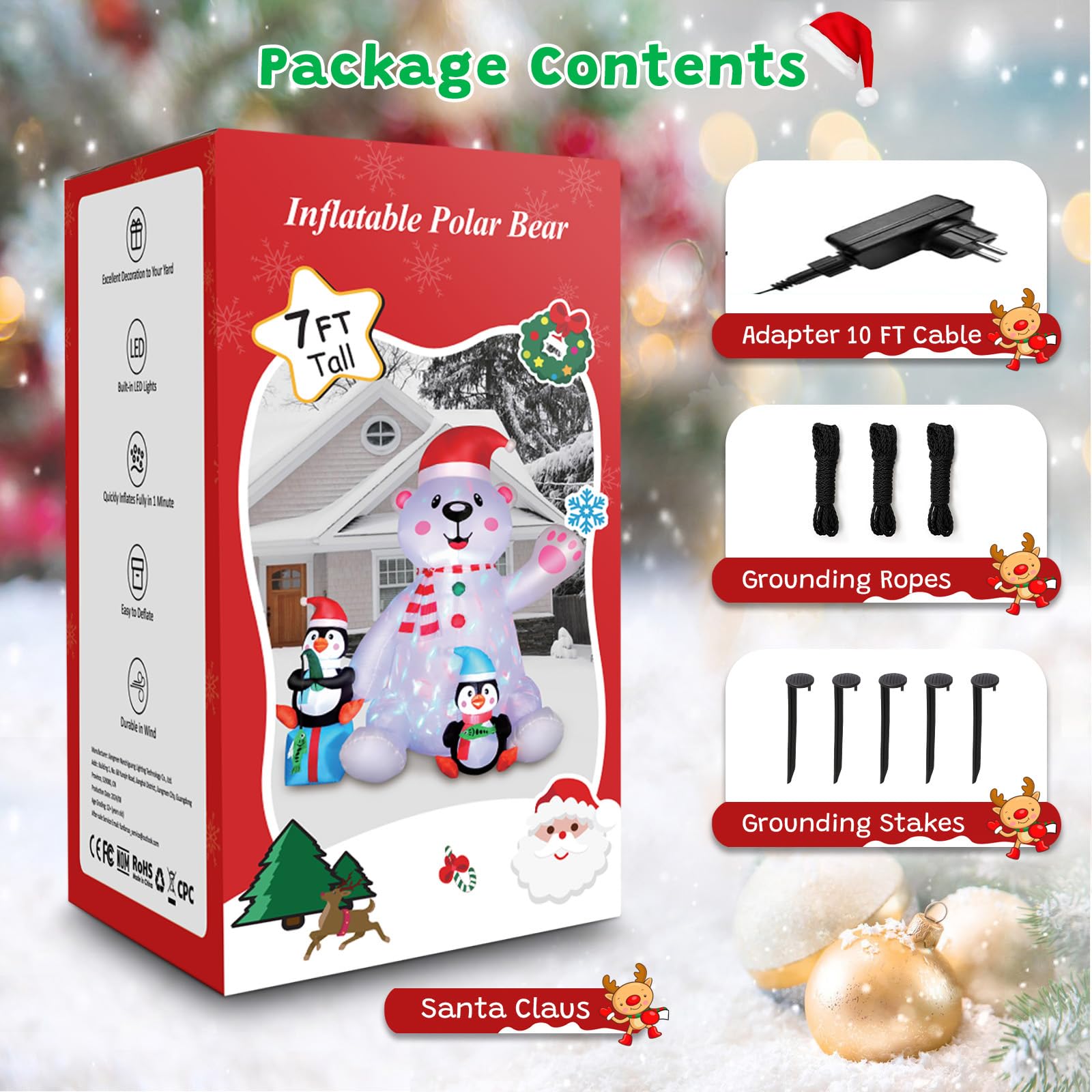 Aimosen Ours Polaire Gonflable de Noël, Décorations Intérieures et Extérieures avec Lumières LED, Blanc, 7FT