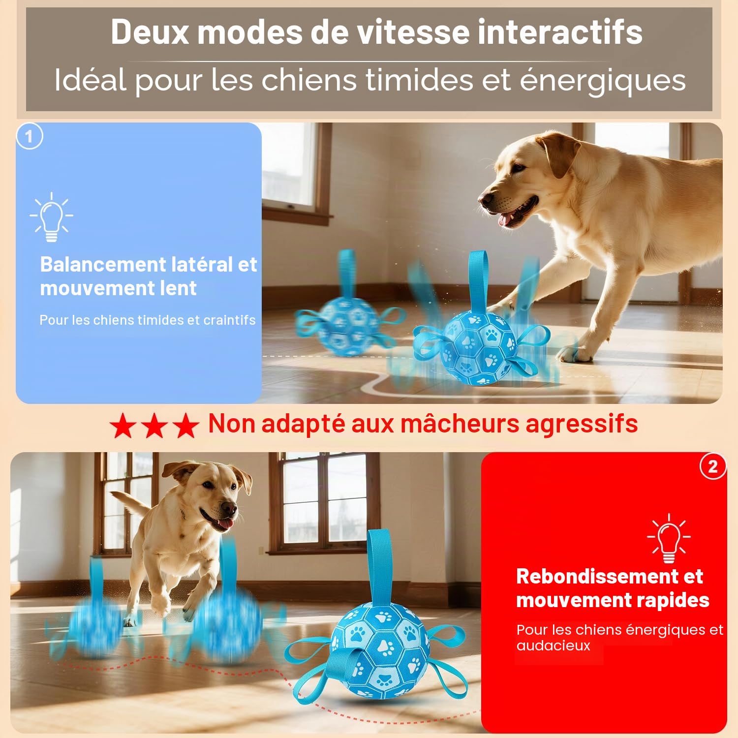 Jouets interactifs pour chiens, Ballon de foot pour chien pour le garder occupé, Ballons pour chiens durables, automatiquement mobiles et sauteurs avec sangles pour chiens petits/moyens/grands