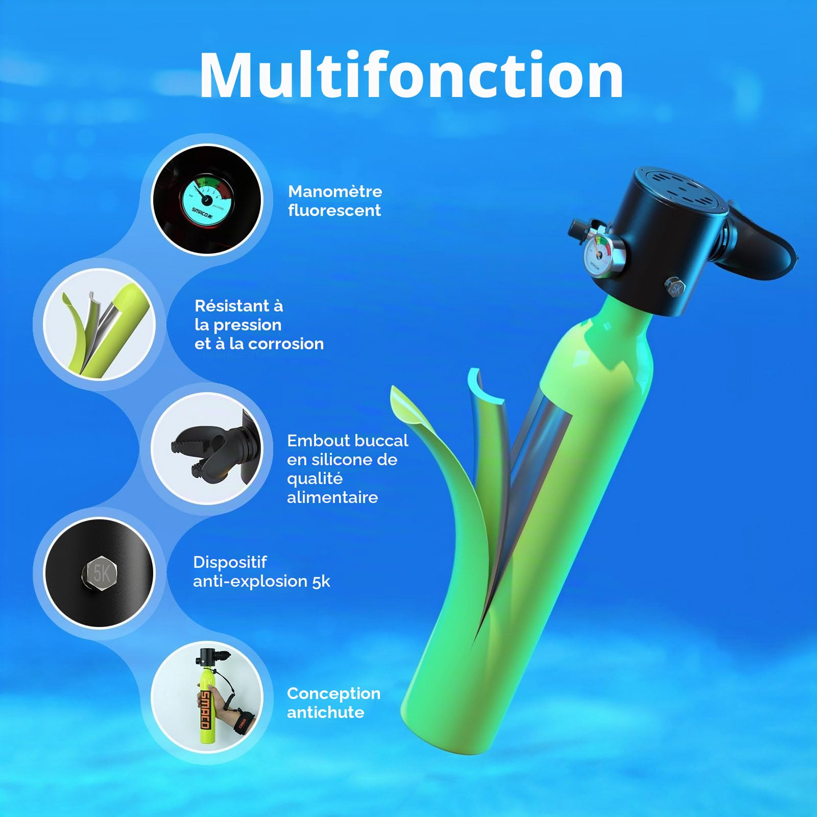 SMACO S300 Mini Bouteille de Plongée Rechargeable 0,5L Petite Bouteille de Plongee sous-Marine Mini Bouteille d'oxygène Plongee pour Respirer sous l'eau Nettoyage du Bateau Source d'air de Secours