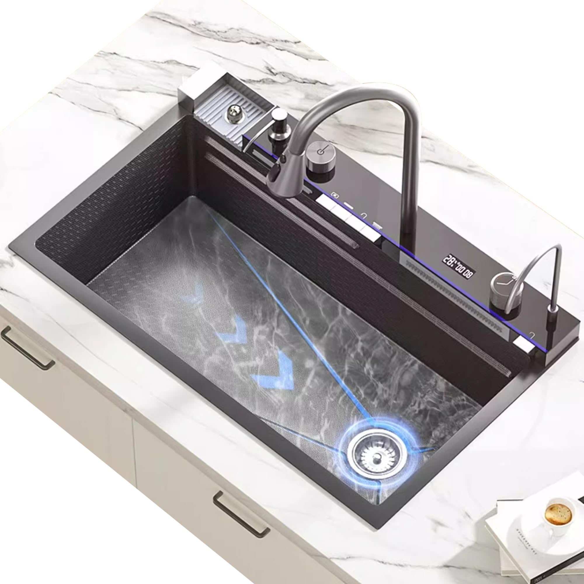 Évier de cuisine cascade poste de travail évier à cuve unique LED JATIBOSH