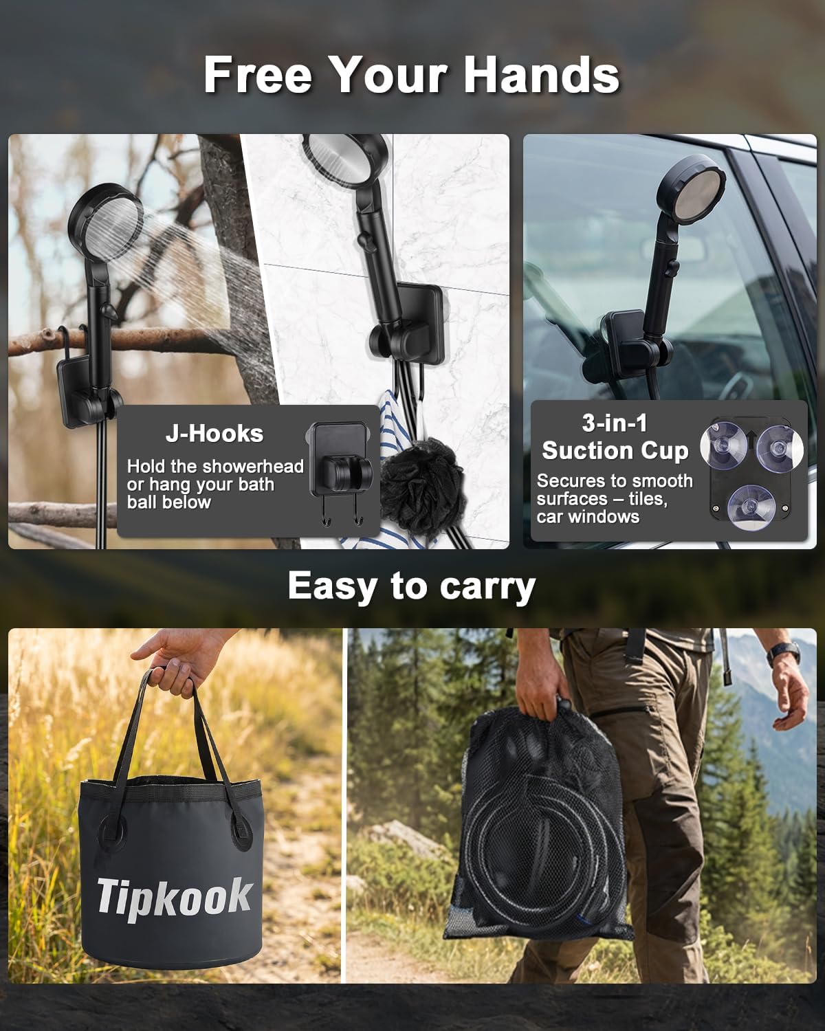 Portable Shower for Camping: 10000 mAh Battery Powered Camping Shower with 5 Gallons Foldable Bucket, IPX8 Waterproof Camp Shower Pump, LED Display, 5 Pressure Modes Outdoor Shower for Pet Bath,Hiking