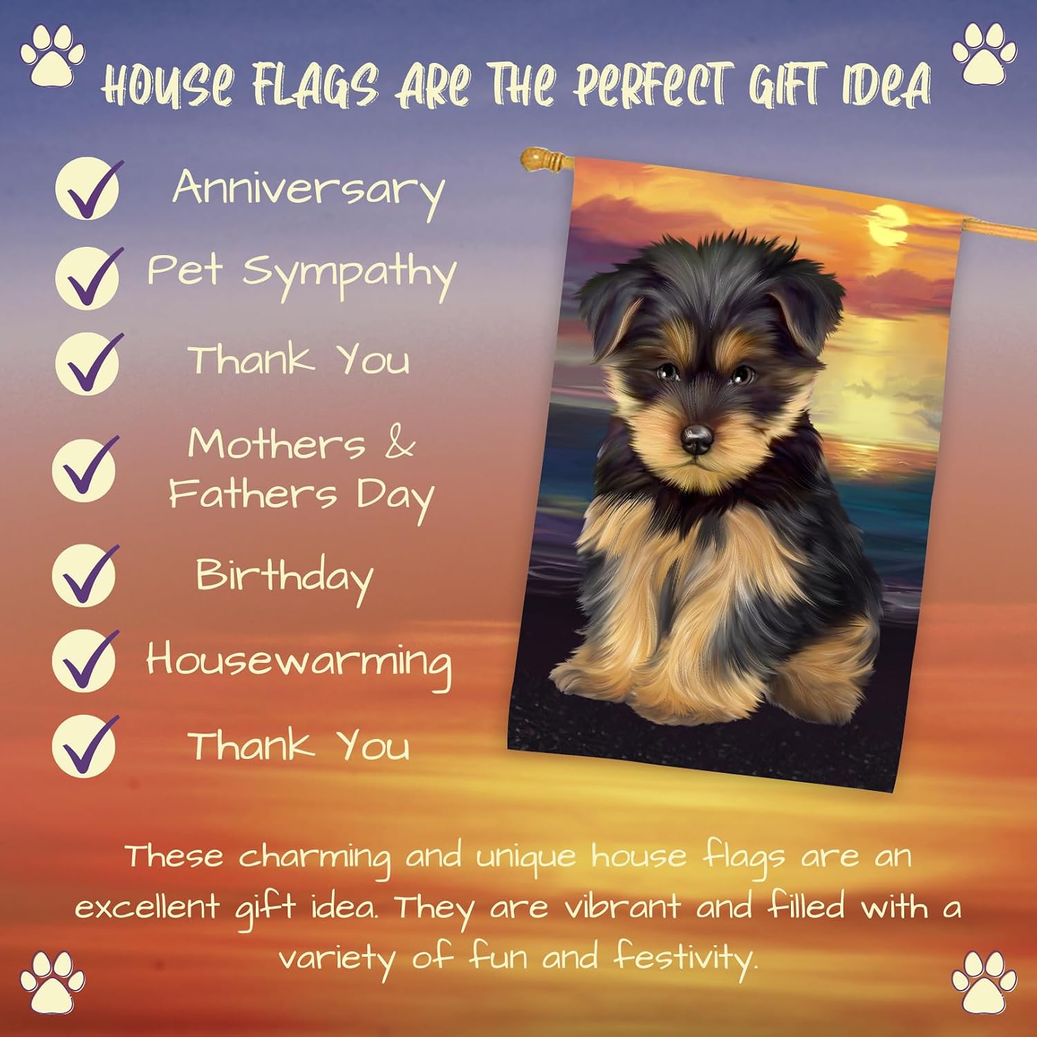 Sunset Yorkshire Terrier Dog House Flag - Outdoor Double Sided Pet Portrait Weather Resistant Premium Quality Home Decorative Flags - 100% Polyester 29"w x 43"h, HFLG54387