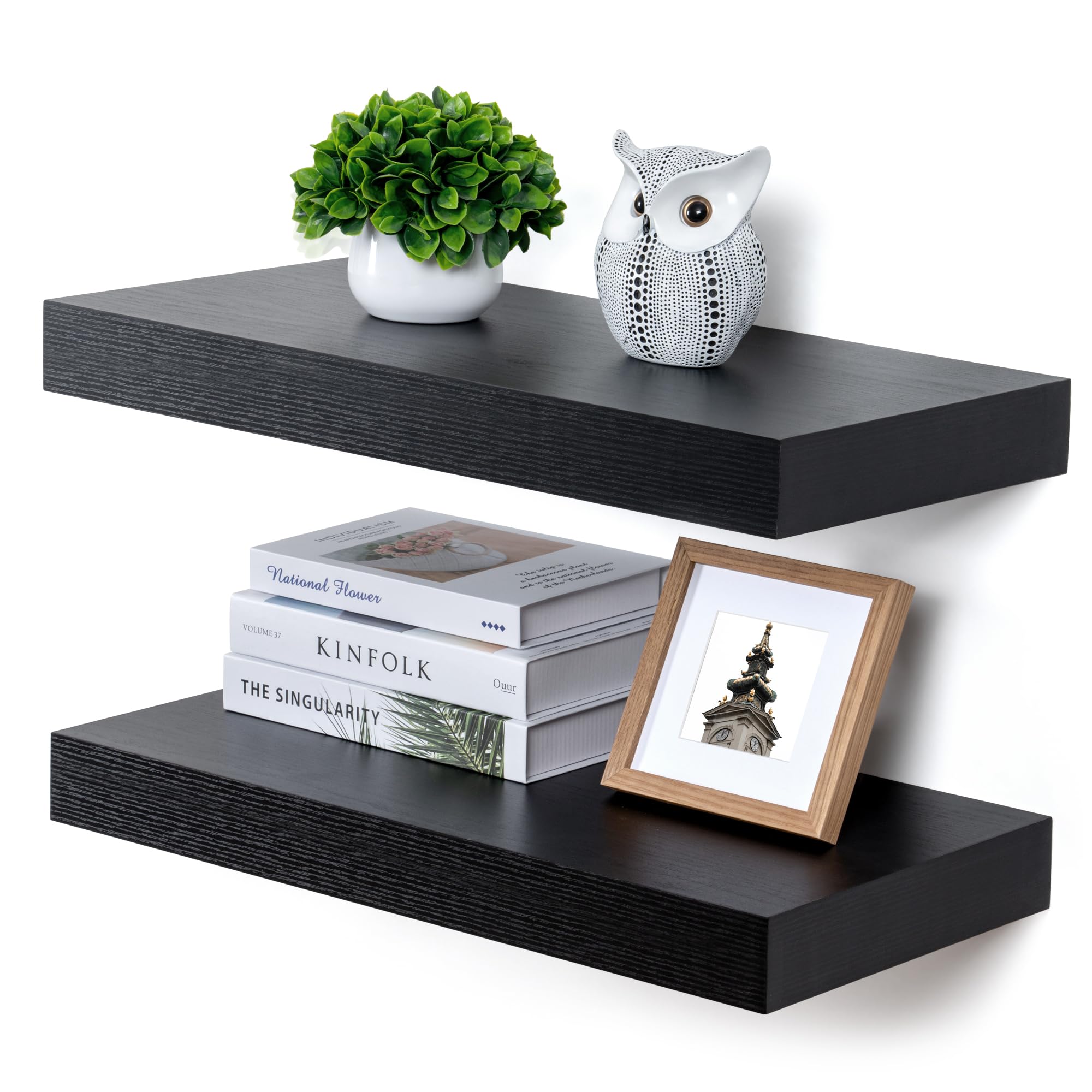 Deep Floating Shelves for Wall, 24W x 12D Black Floating Shelves Set of 2, 12'' Deep Large Wood Shelves for Living Room Bathroom Laundry Room Bedroom Kitchen Home Office - Black