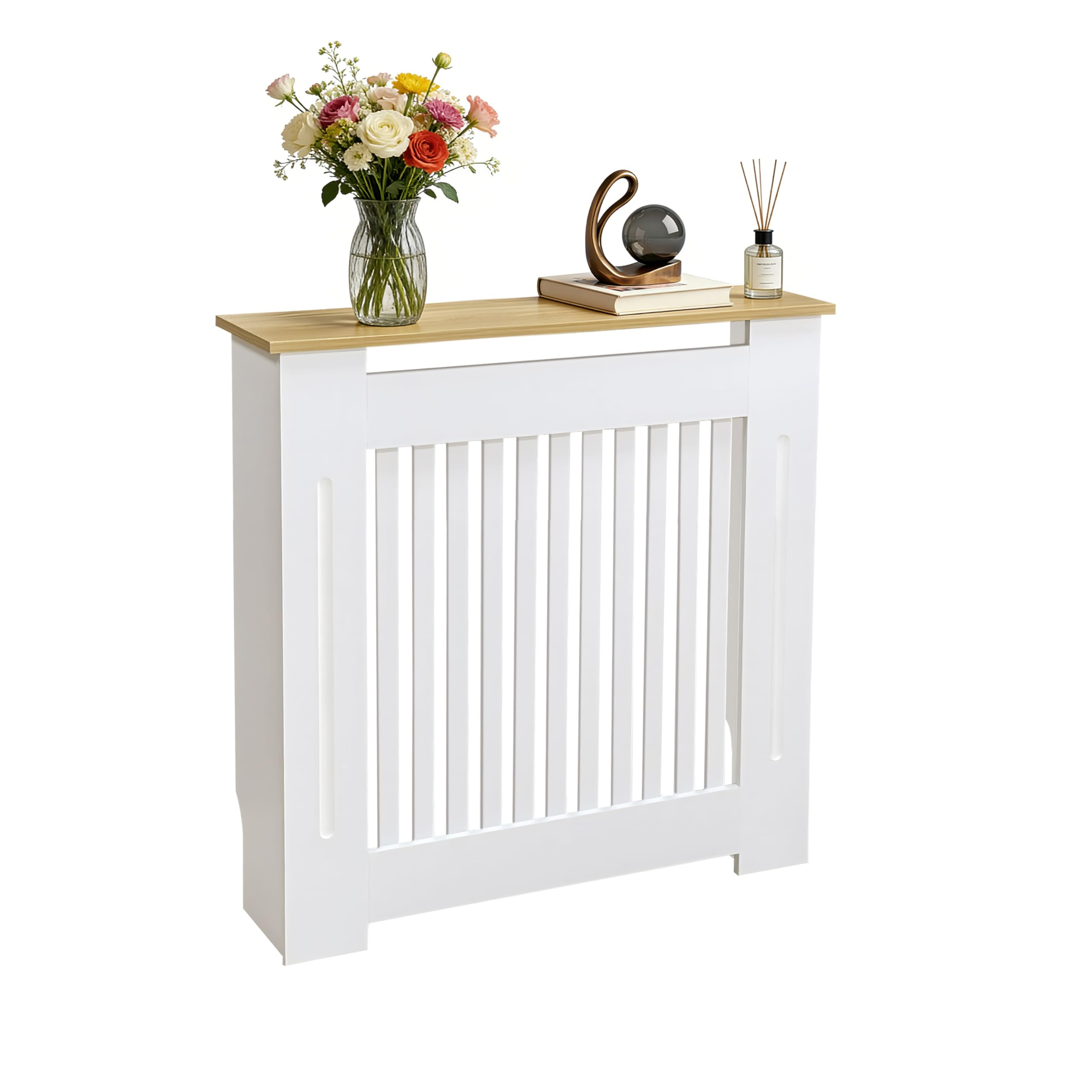 FATIVO Cubre Radiadores Blanco Moderno: 78x20x83 cm Cubre Radiador de MDF, Cubreradiador con Estante de Veta de Madera, Consola Auxiliar para Salón y Pasillo, Diseño Reforzado y Duradero