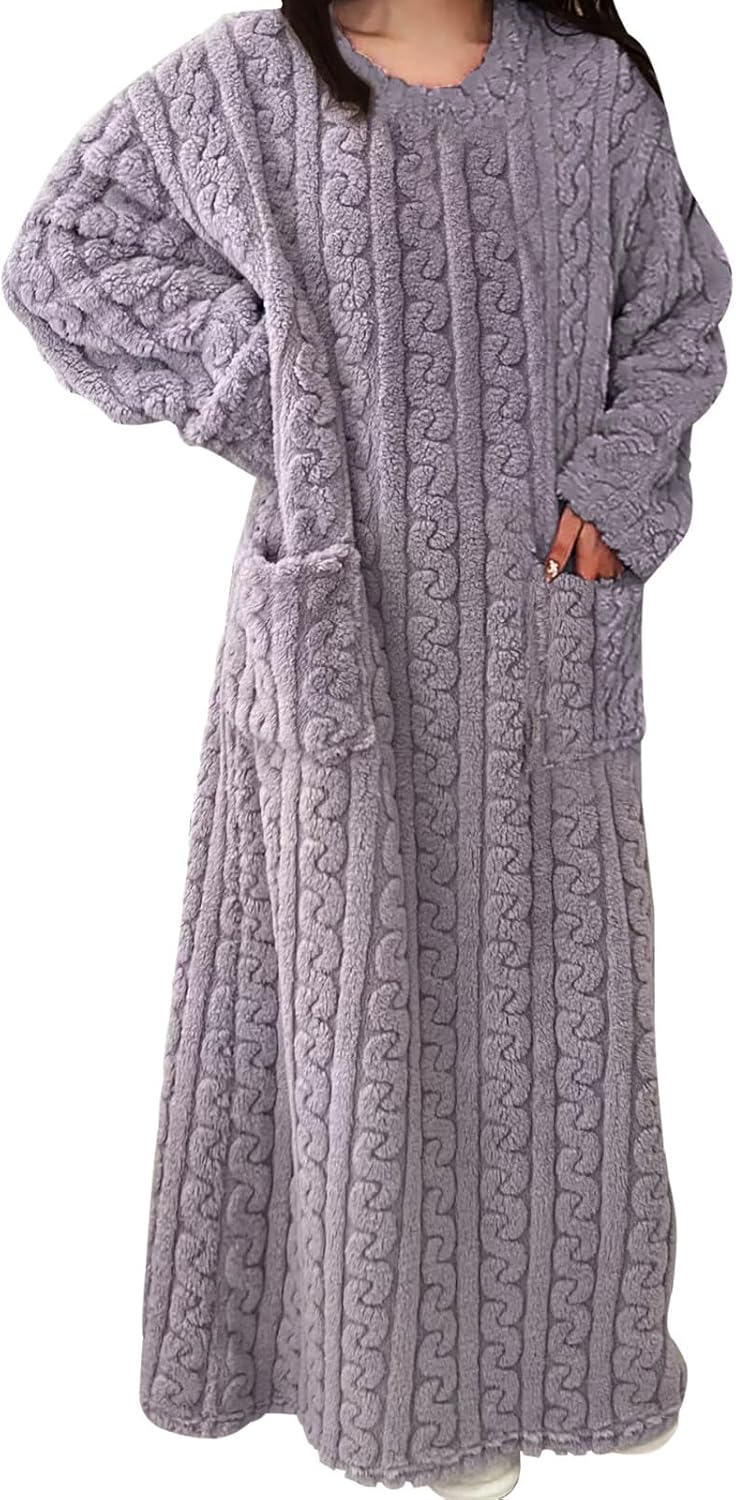 Women's Flannel Nightgown Fuzzy Fleece Cozy Plush Warm Winter Pullover Loungewear Sleepdress O Neck Nightdress