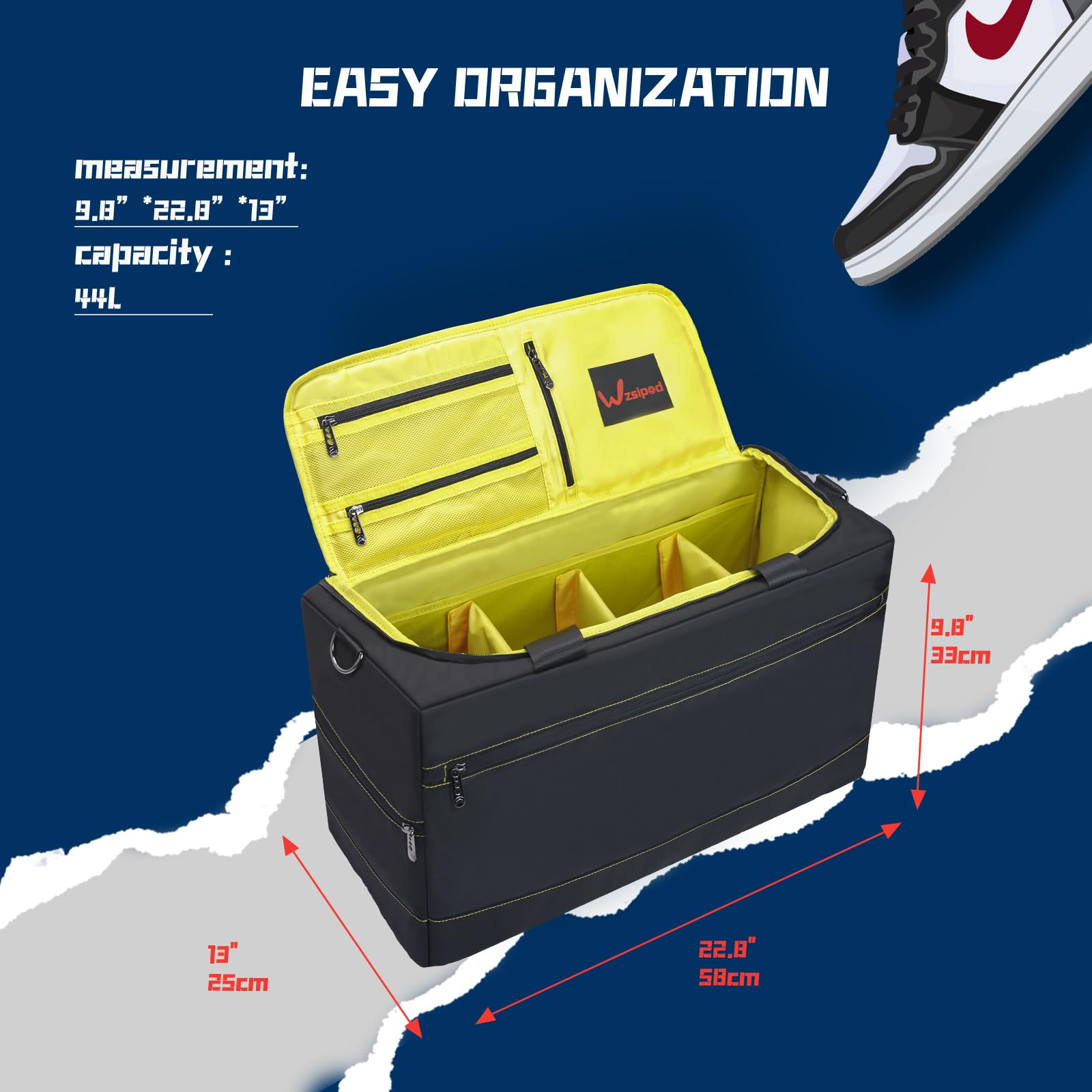 Borsone da viaggio per sneaker, impermeabile, per sport, palestra, da viaggio, con 3 divisori regolabili, tracolla, Giallo, Borsone sportivo