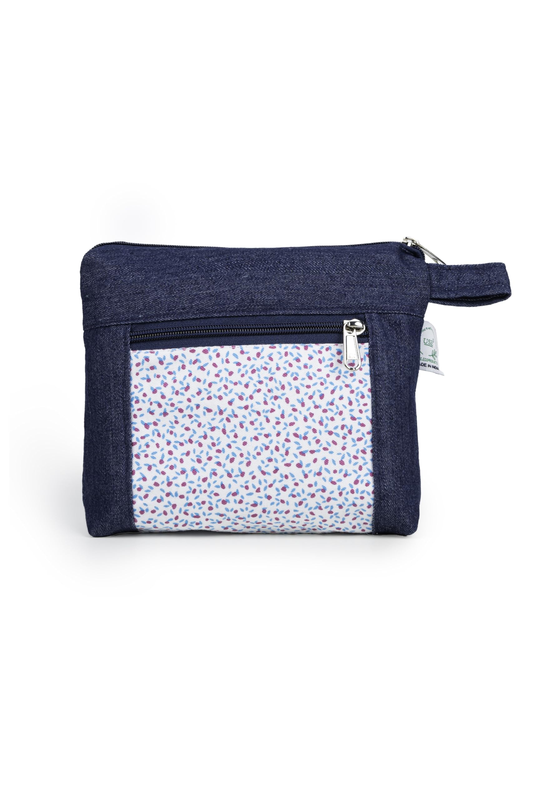 USE ECOPRODUCTS Blue Denim Zipper Pouch (9"x7.5") with Designer Canvas Front Pocket,Multipurpose Makeup Bag, Travel, Stationery & Medicine Organizer,Handmade in India for Women, Girls & Artists-image-25