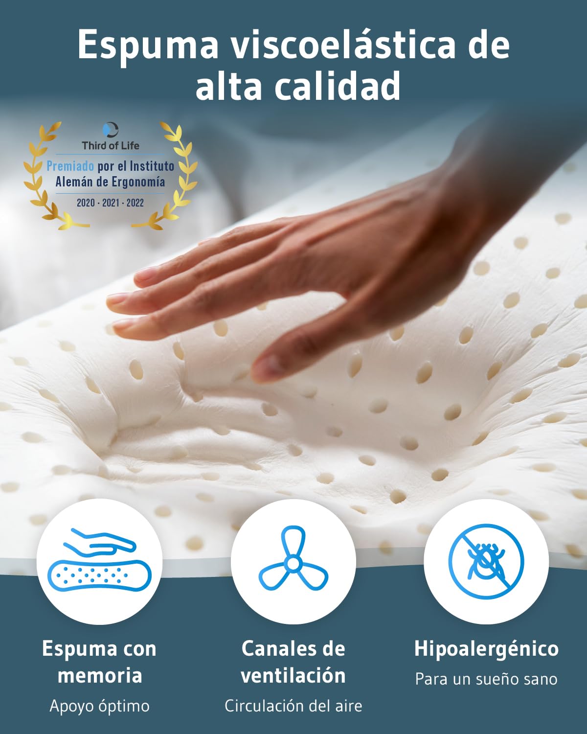 Third of Life Almohada de Viaje Volar Quickdry | Almohada Pequeña Ergonómica Viscoelástica | Funda Gris con Termorregulación y Secado Rápido | Cojín pequeño Tren, avión y Coche | Almohada Camping