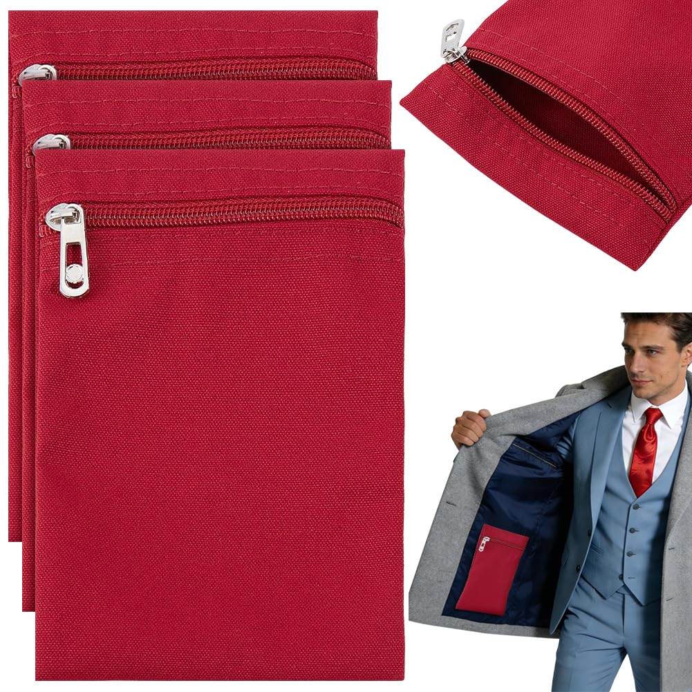 BENECREAT 3 Pack Sew in Side Pocket with Zipper, 20x12.5cm/ 7.87x4.92inch Canvas Cloth Hidden Pocket for Jackets Sweatshirts Travel Accessories, Dark Red โ image 1