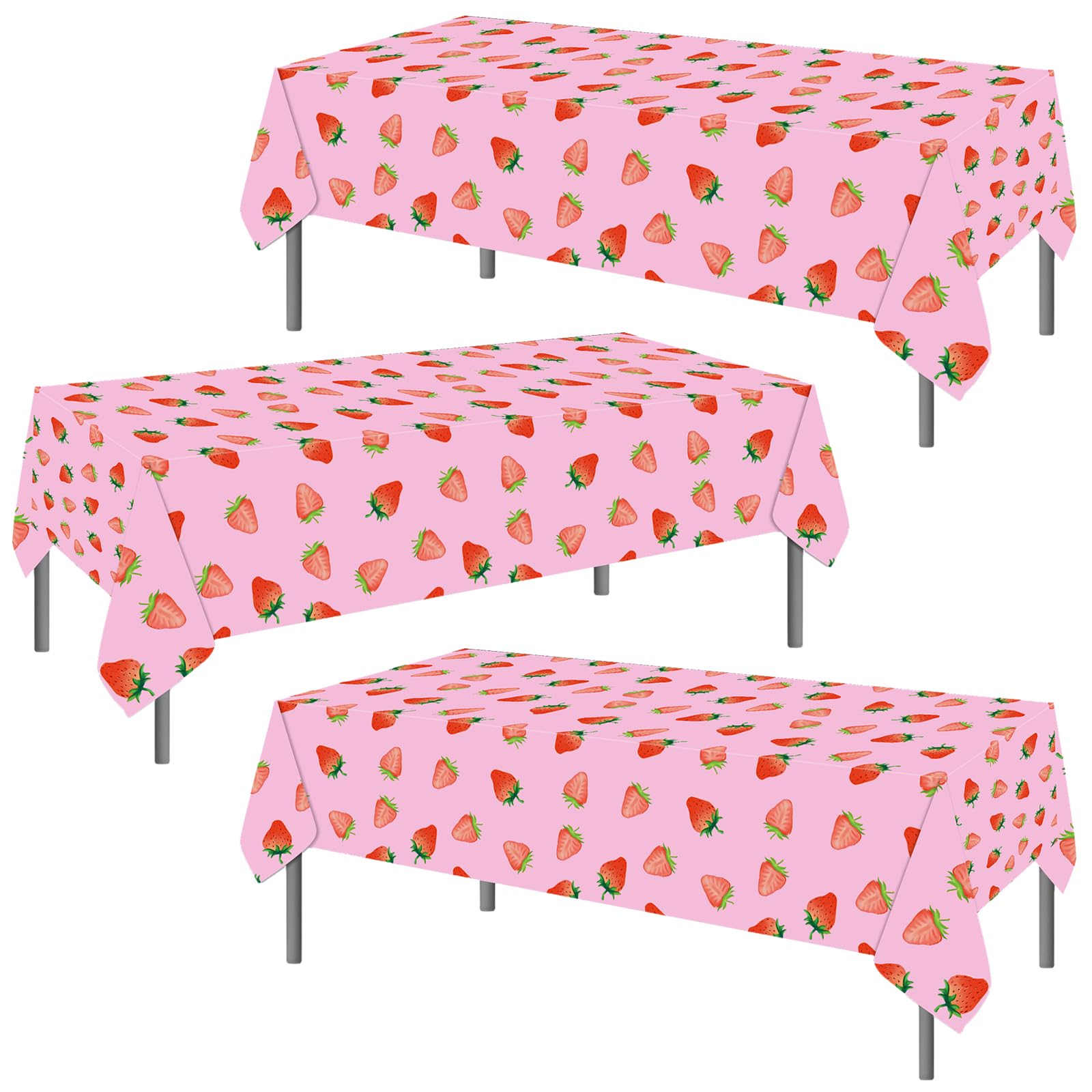 PHOGARY 3 PCS Strawberry Tablecloth for Strawberry Party Decorations, Disposable Plastic Rectangle Strawberry Table Cloth for Kids Girls Strawberry