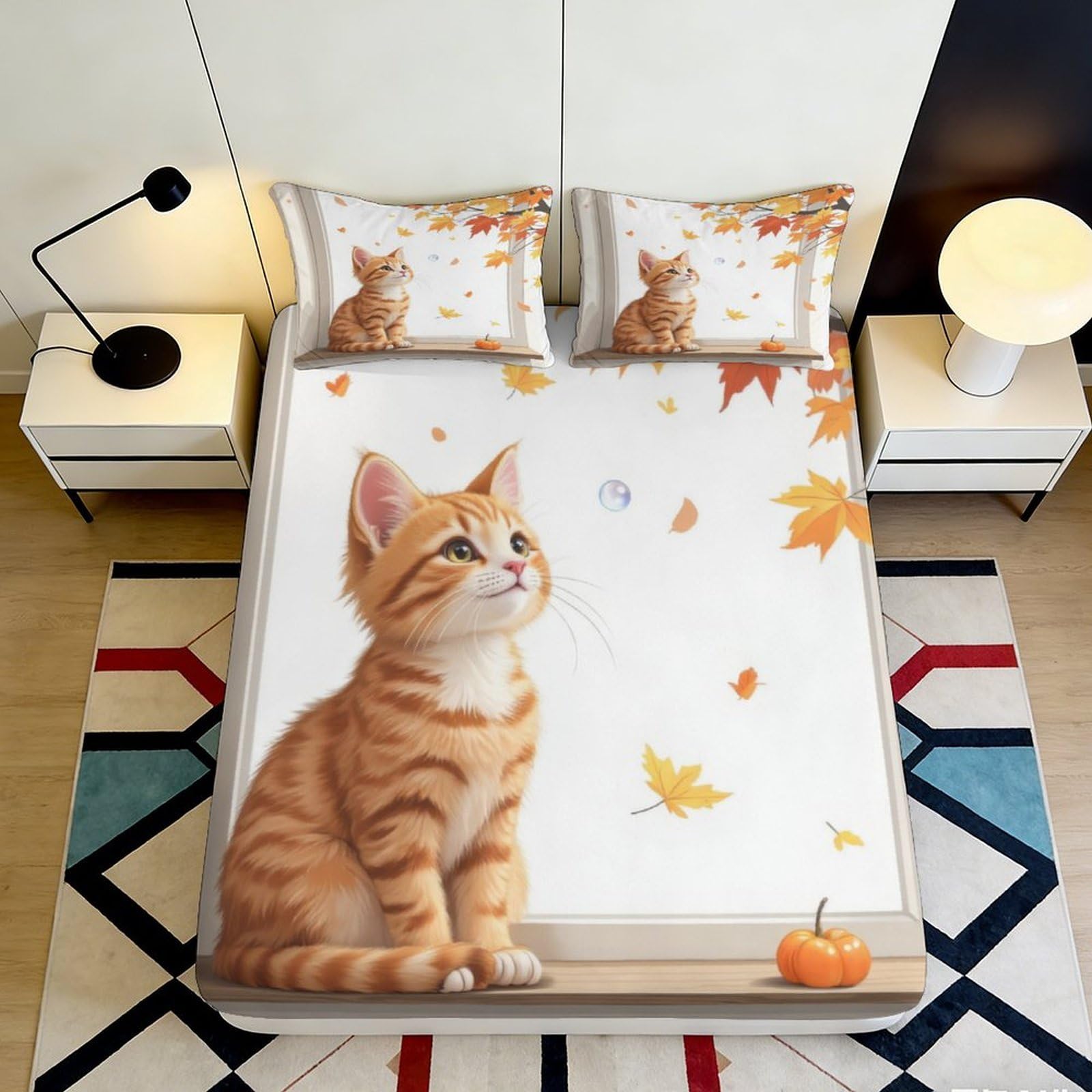 Uynsixtme Style-3 3D Printed Cute Cat Fitted Sheet Microfiber Deep Pocket Non-Slip Cat Mattress Fitted Cover Full Wrap Bedroom Bedding 140X200x25cm
