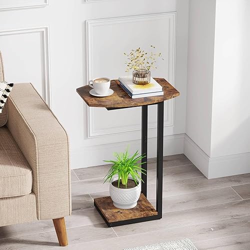 Miniatura 10 de Hosfais Mesa auxiliar pequeña mesa auxiliar mesa de sofá de madera en forma de C con marco de metal para sala de estar, dormitorio, espacios