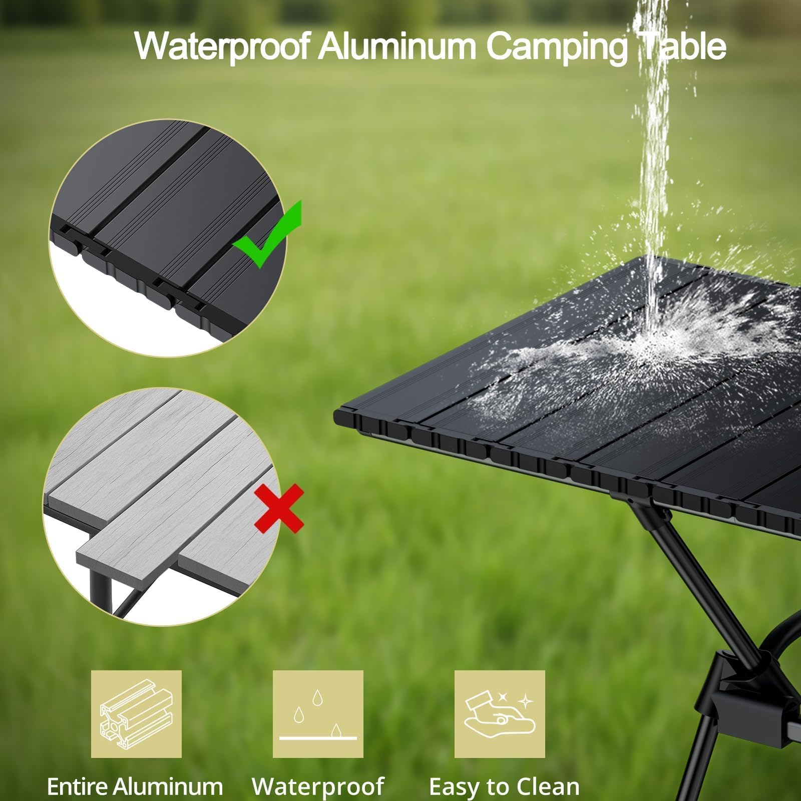 Anbte Table de camping pliante de 0,9 m, 4 hauteurs réglables, table de camping enroulable en aluminium avec sac de transport, portable, imperméable, pour pique-nique, extérieur, voyage, jardin, plage