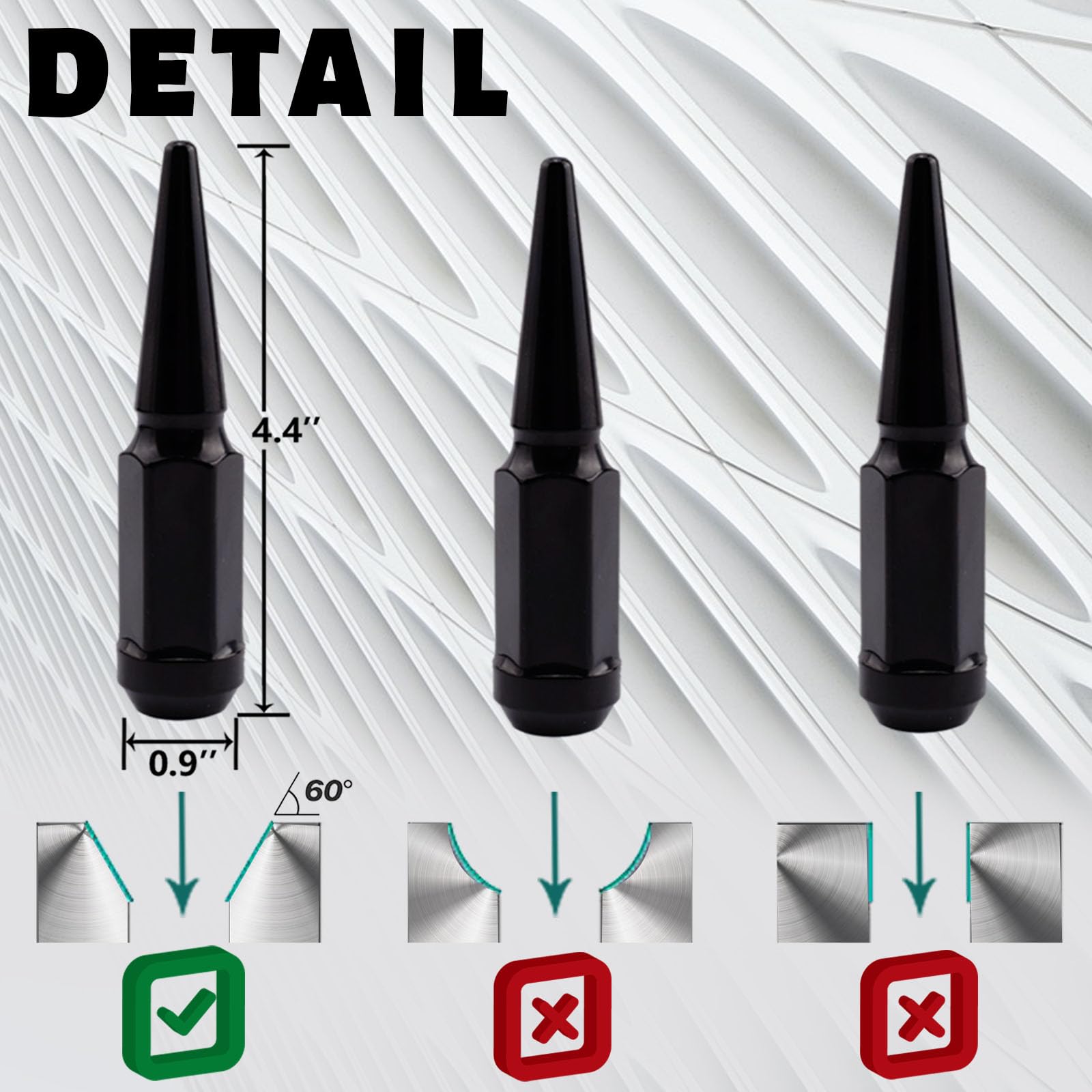 Set of 24, 14 mm x 1.5 Wheel Spike Lug Nuts, M14x1.5 Conical Bulge Seat, Closed End Spiked Lug Nuts with 1 Socket Key for Silverado Sierra 1500Aftermarket Wheel Black