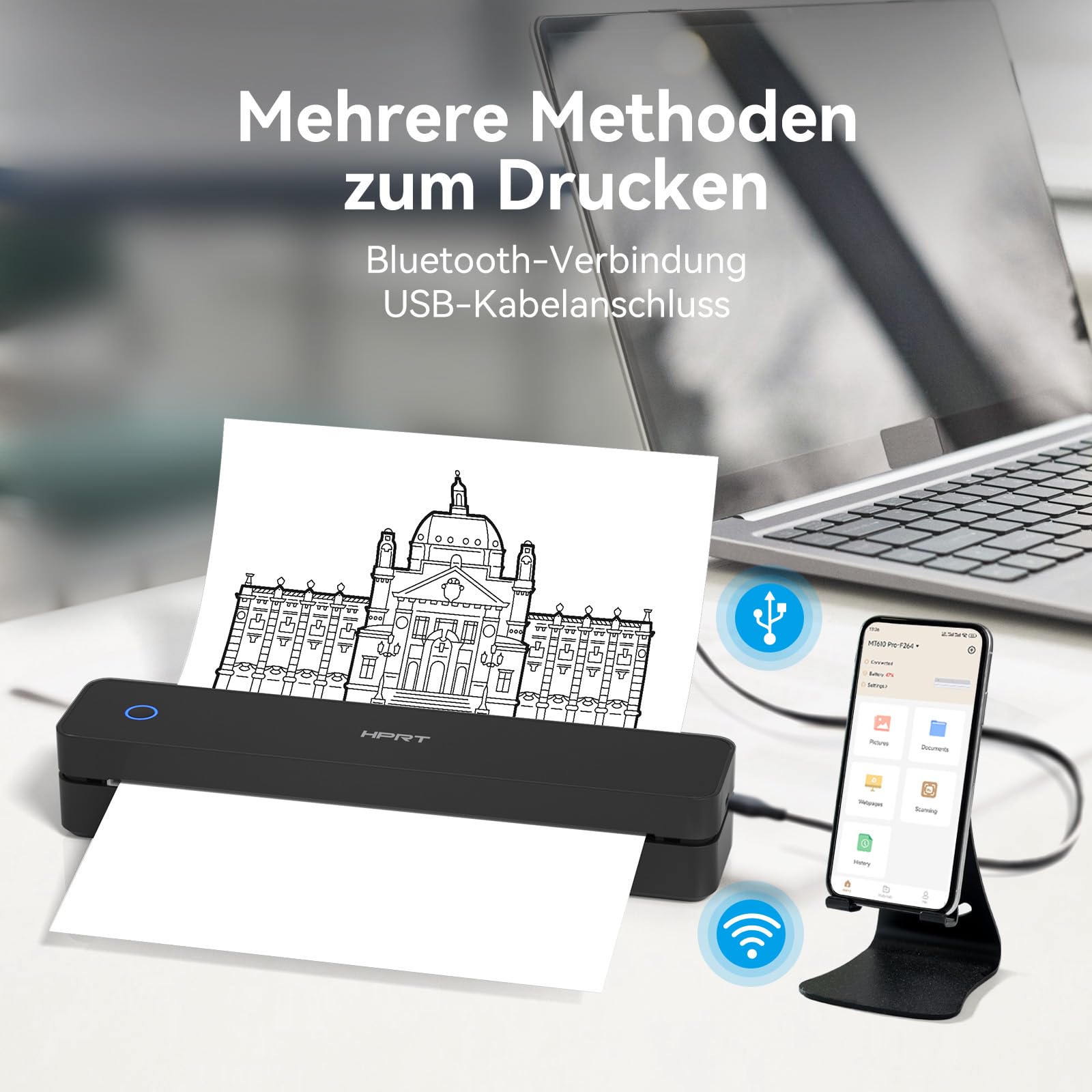 HPRT Impresora portátil inalámbrica para viajes, impresora térmica Bluetooth compatible con iOS, Android y ordenador portátil, soporte 8.5 x 11 US Carta y papel térmico A4, impresora móvil sin tinta