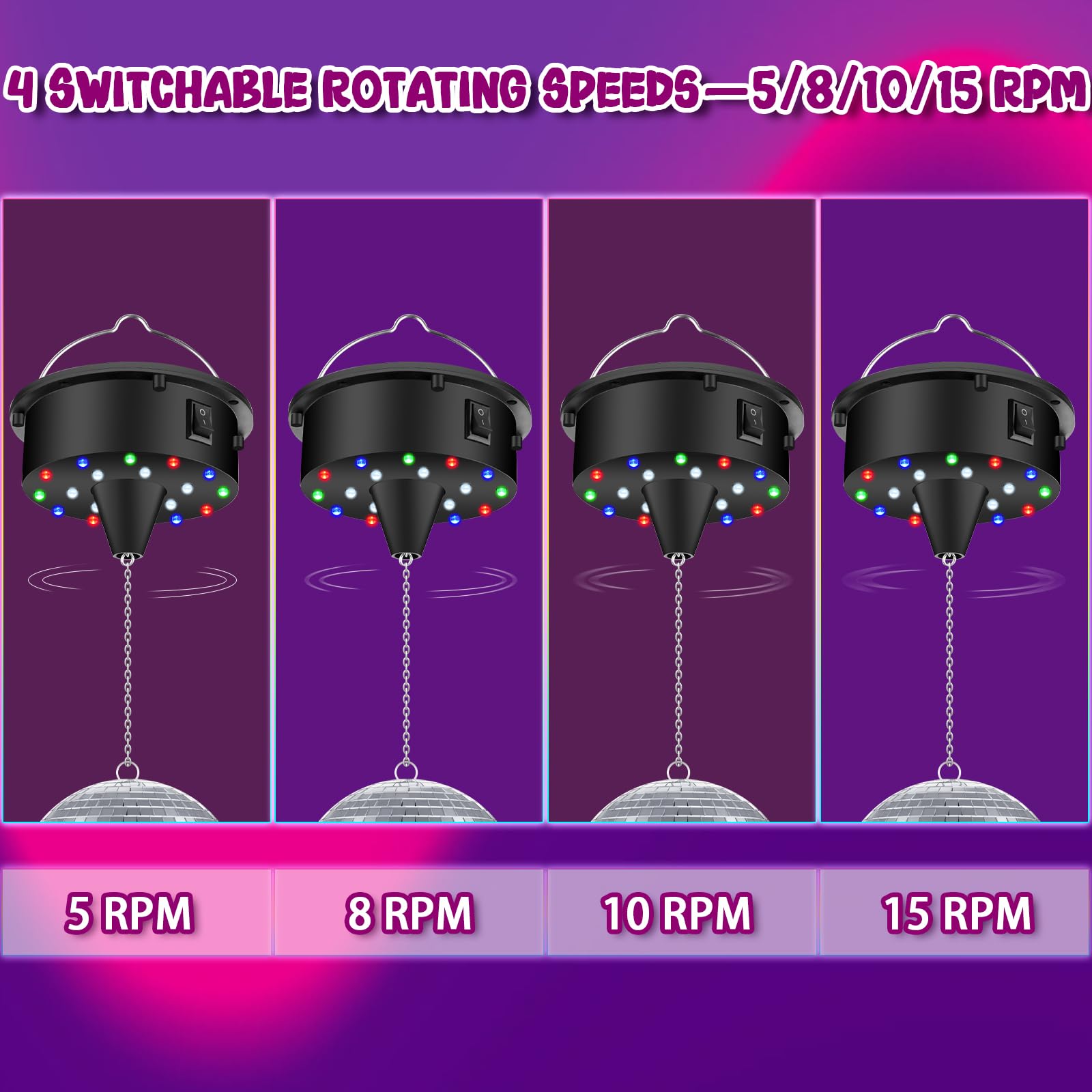 Disco Ball with Motor and Light, 5/8/10/15 RPM Variable Rotating Speed Disco Motor with 6 Inch Mirror Ball, 4 Colors Light with 18 LED Beads, 70s 80s School Theme DJ Party Essentials