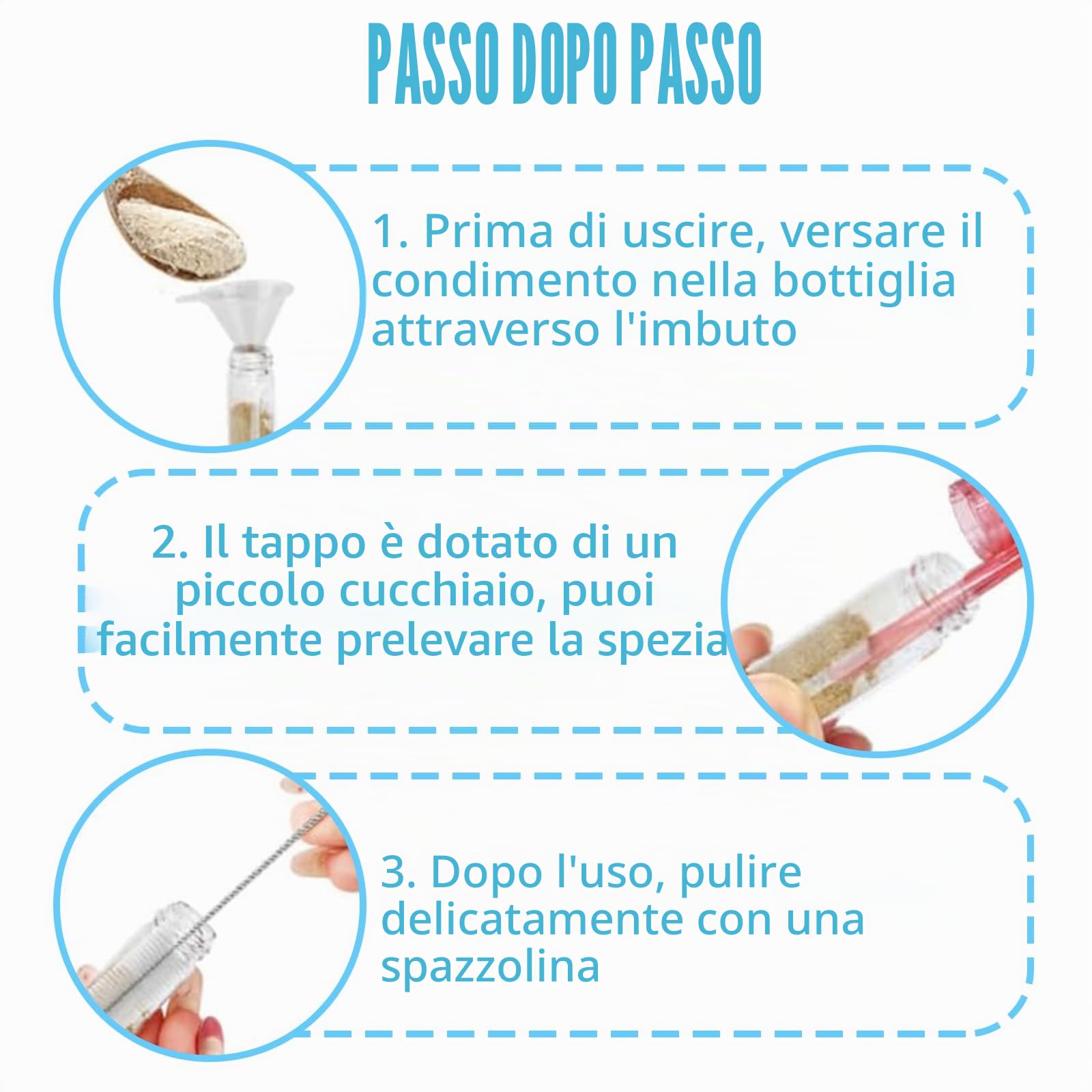Barattoli Spezie Vetro 51ml, Barattoli per Spezie in Vetro, Set da 6 con Coperchio e Cucchiaio Dosatore, 2 Mini Imbuti, Contenitori Ermetici per Polvere, Snus, per Cucina, Campeggio e Viaggi