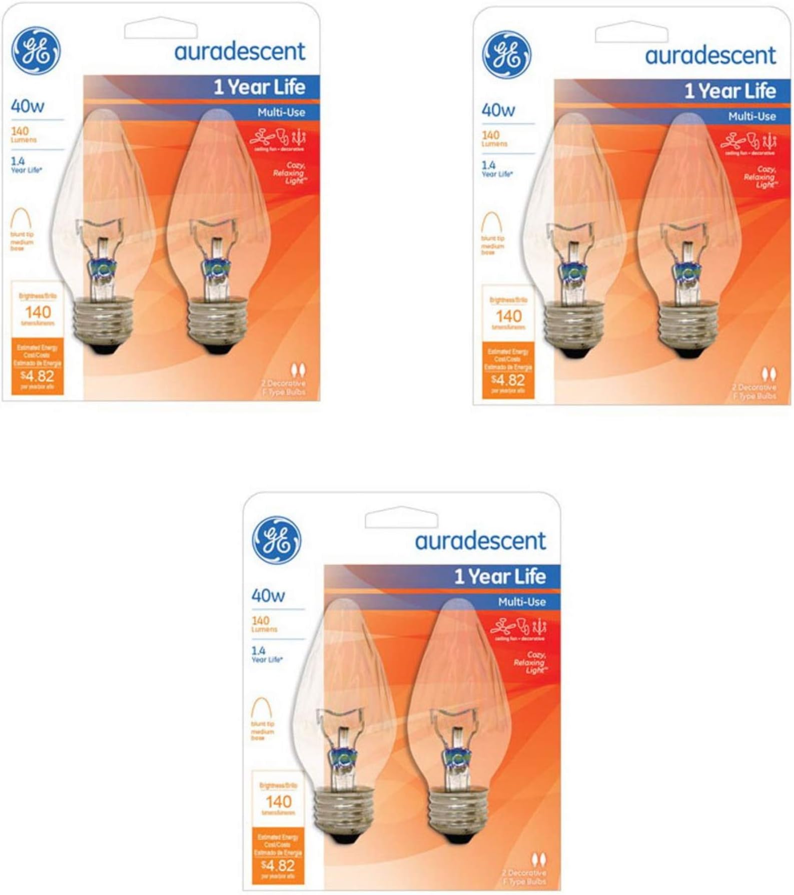 G E Lighting 75343 Flame Shape Auradescent Bulb, 40W, 6-Pack