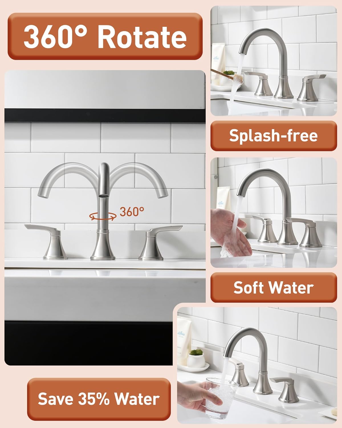 Fapully Bathroom Faucet 3 Hole, Brushed Nickel 8 Inch Widespread Bathroom Sink Faucet with Pop-up Drain, Two-Handle Faucet for Bathroom Sink