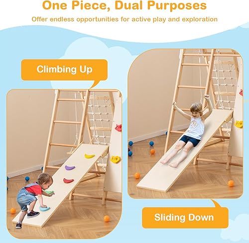 Miniatura 3 de HONEY JOY Gimnasio de la selva interior 8 en 1, juego de escalador de madera con columpio, tobogán, pared de roca escaladaredescalera, barras de