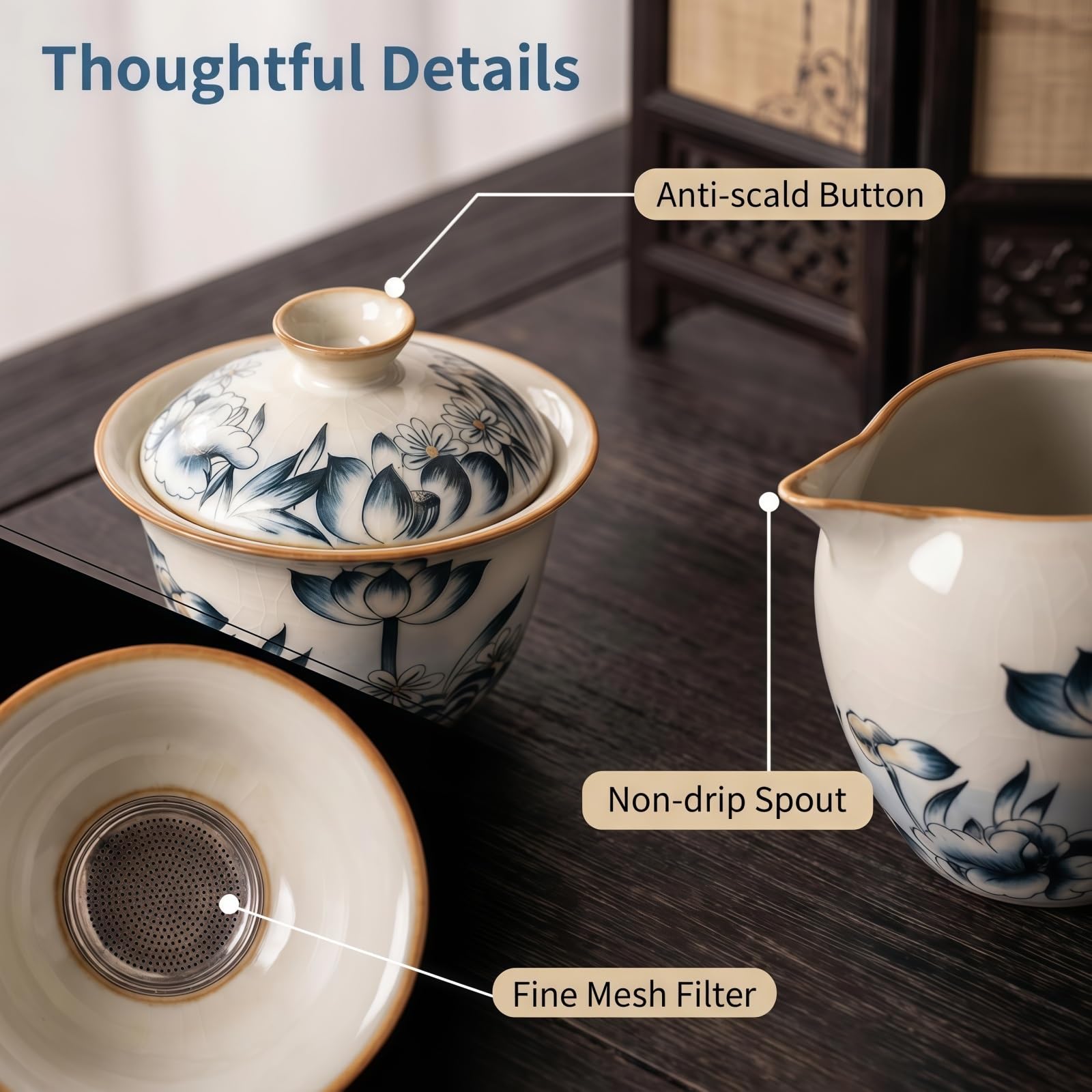 Gongfu zestaw do herbaty, ręcznie malowany porcelanowy zestaw do herbaty z czajnikiem, 6 filiżanek, tradycyjny zestaw ceremonii parzenia herbaty do domu, idealny dla miłośników herbaty i dawania