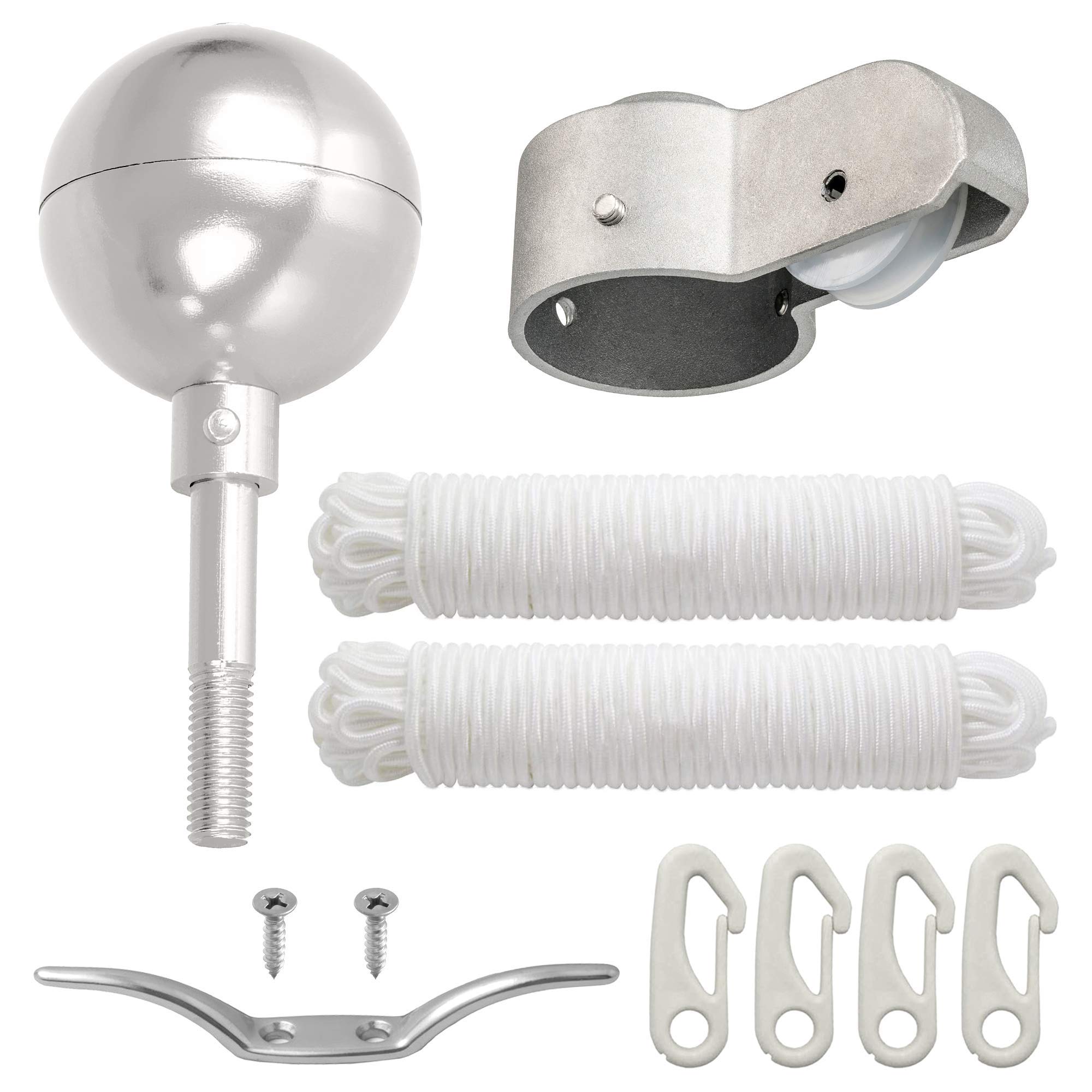 Deneve Flag Pole Parts Kit Includes: 3" Silver Topper Ball | 2” Pulley Truck | 2" 50 ft. Ropes | 4 Flag Clips | 4" Cleat Hook (Silver)