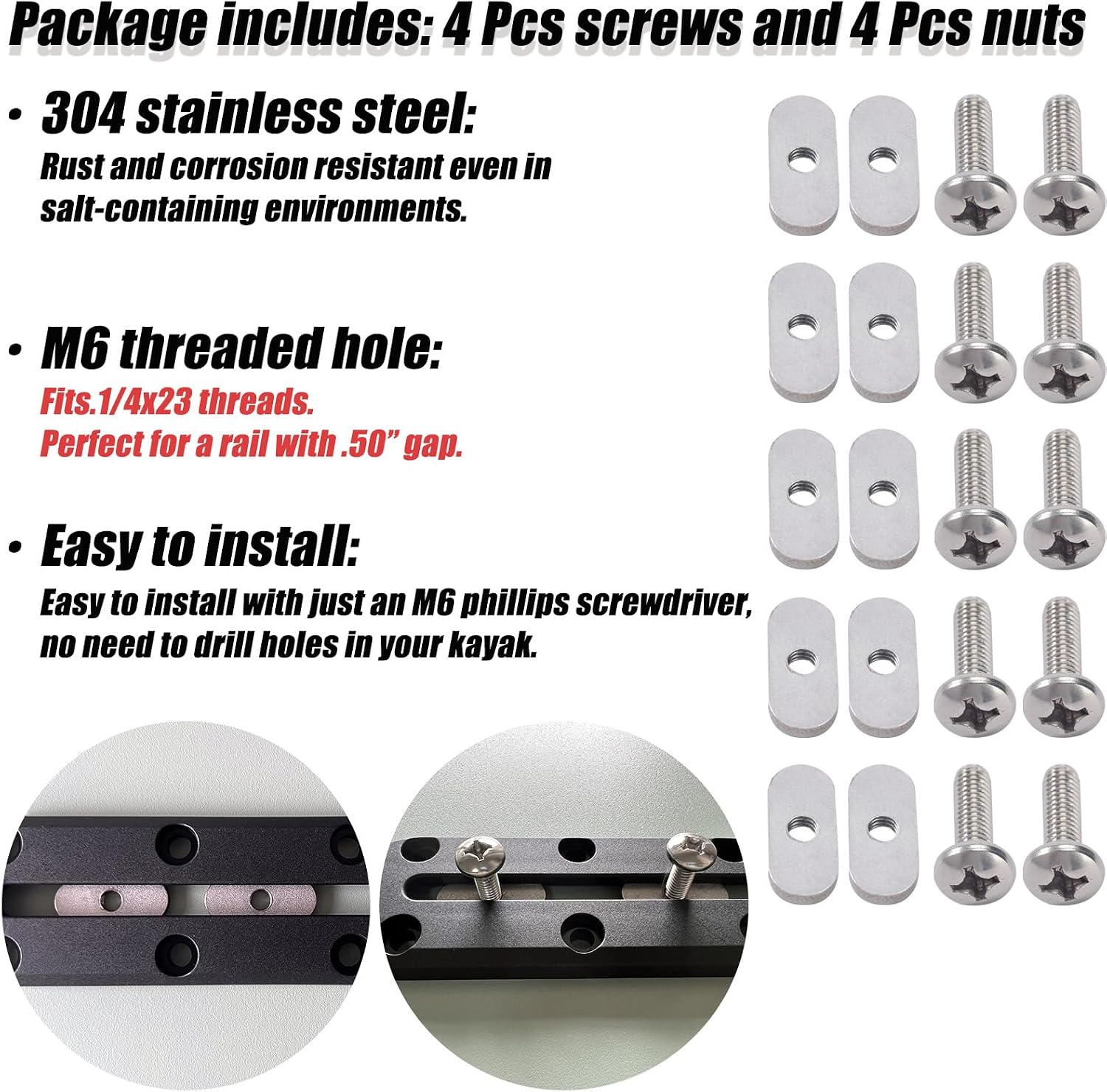 304 Stainless Steel Kayak Rail/Track Screws 304 SS Track Nuts Kayak Hardware Mount Tie Down Eyelet Rail Kayak Mounting Screws Gear Mounting Replacement Kit for Kayaks Rails Screws Canoes Boats