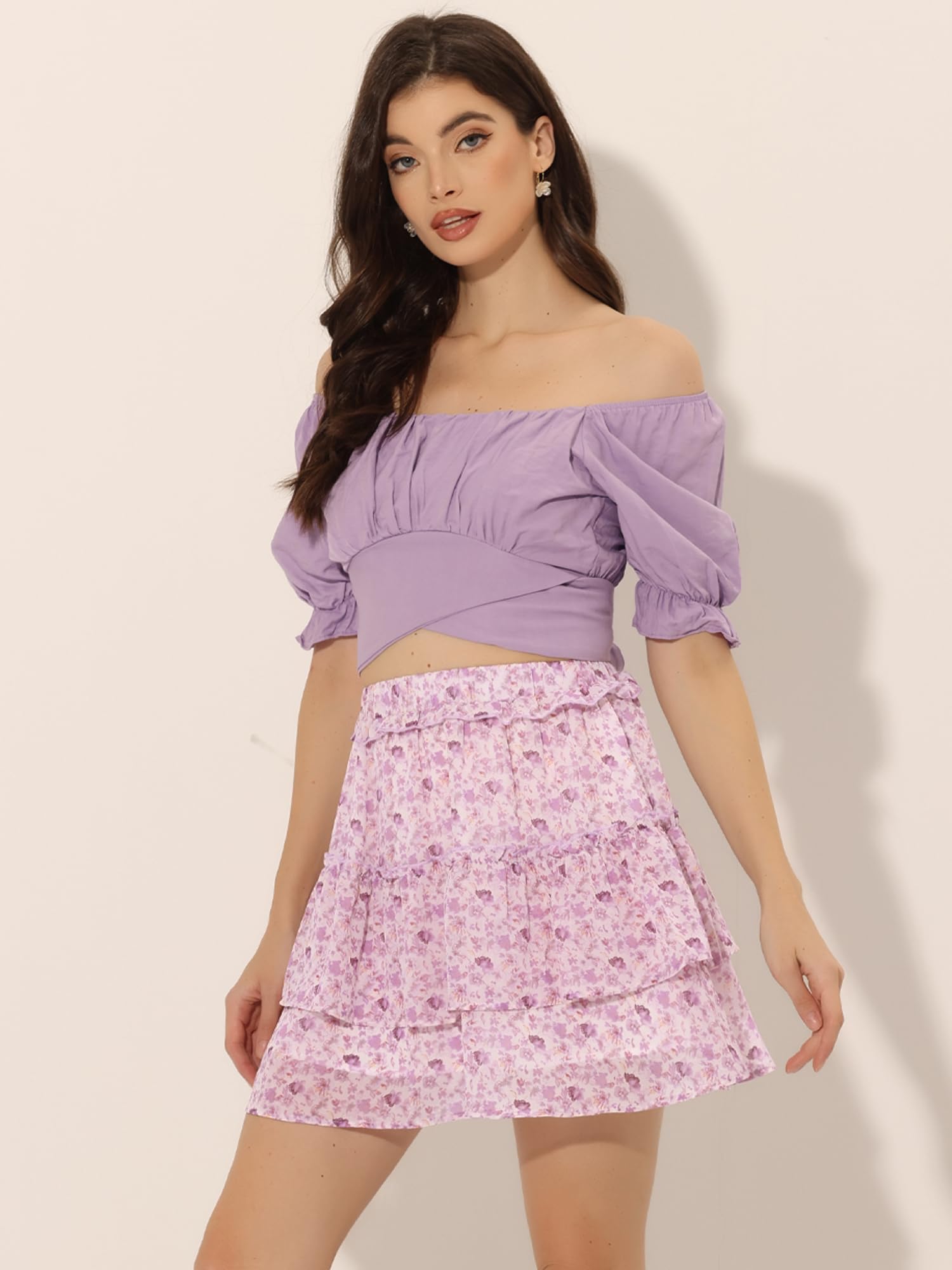 Allegra K Mini jupe patineuse à volants pour femme avec taille élastique, violet, Taille XL