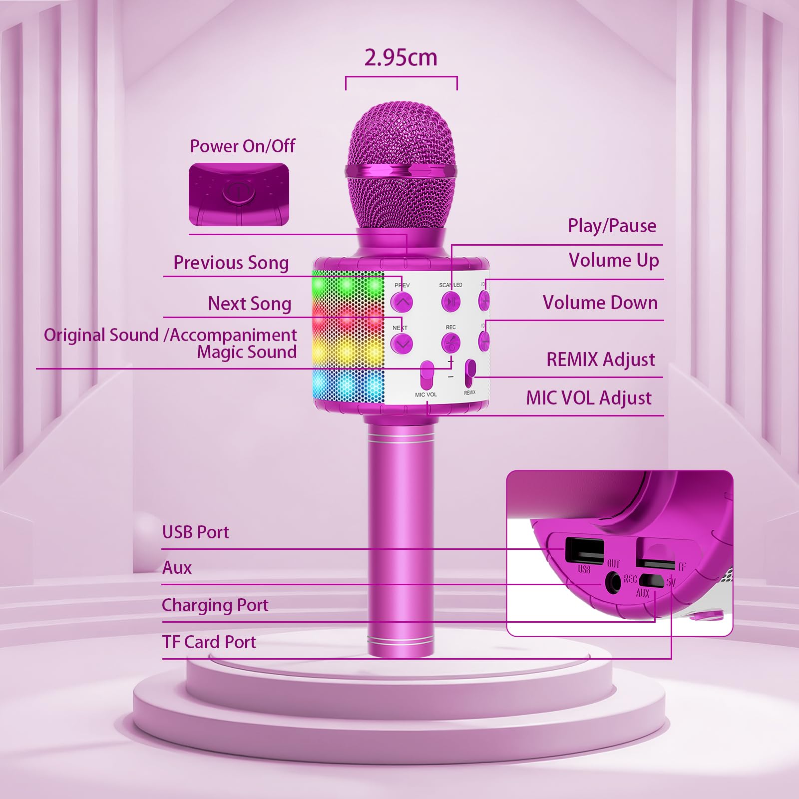 Fede Microphone Karaoké sans Fil Bluetooth avec Lumière LED Multi Couleur, Micro à Main Portable Haut-Parleur pour Enfants/Adultes Chanter, Compatible avec Android/iOS/PC/Smartphone