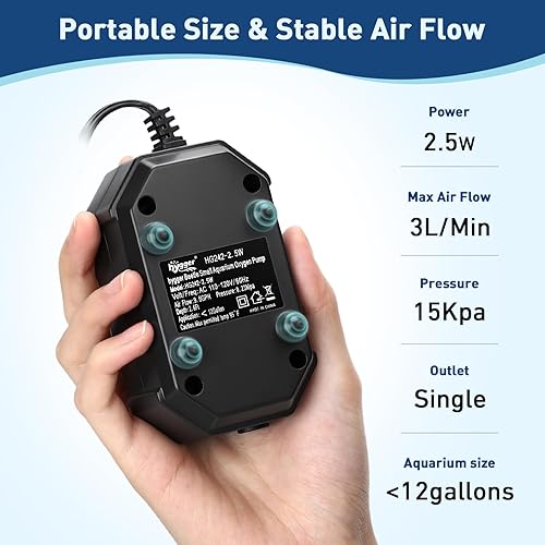 hygger Aquarium Air Pump, Ultra Quiet Oxygen Aerator with Air Stone Airline Tubing Check Valve, Aquarium Fish Tank Air Bubbler for 3 to 79 Gallon Tank and Bucket(2.5W- Up to 12 Gallon)