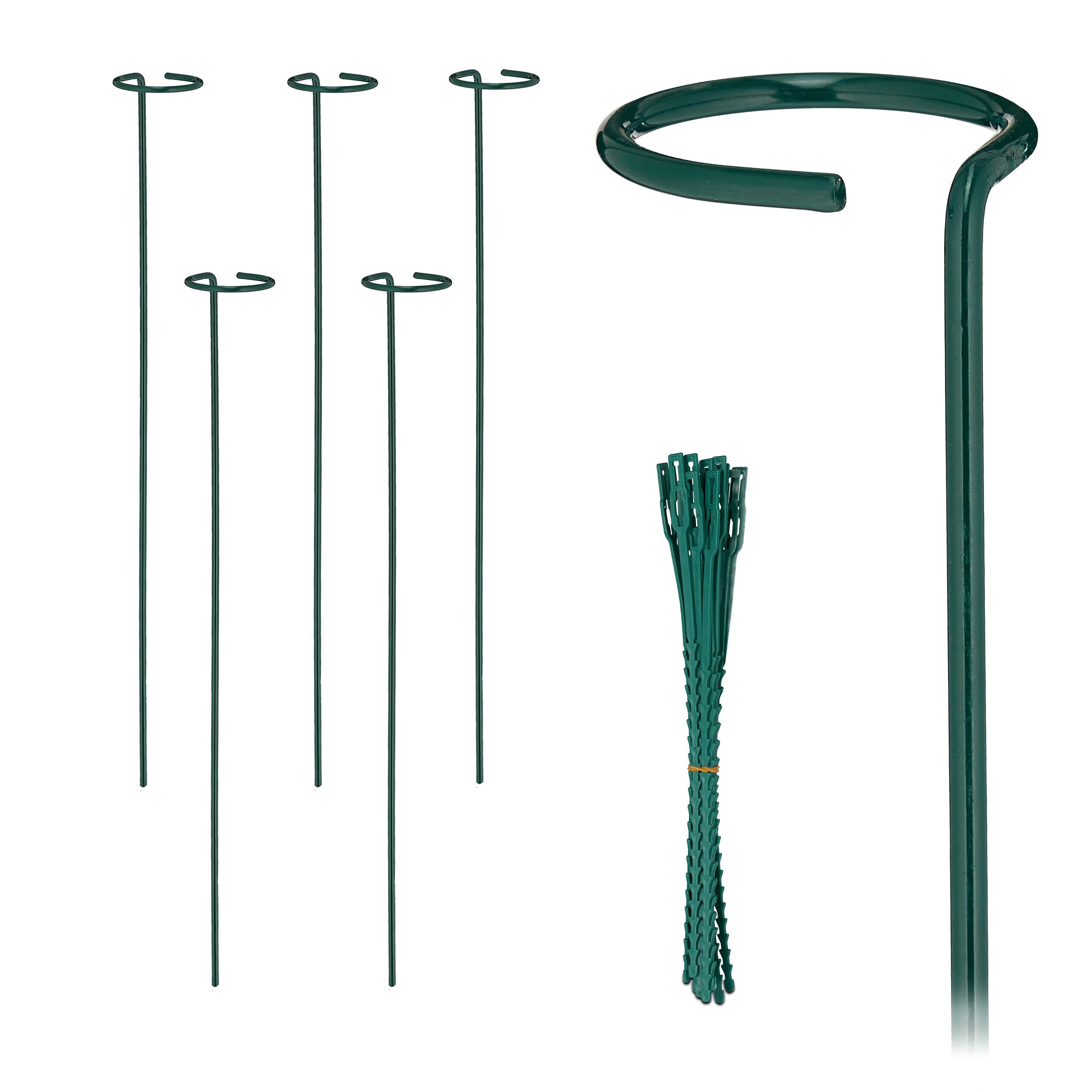 Relaxdays Metalowe pręty do roślina, zestaw 6 sztuk z pierścieniem, ogrodowe pręty z opaskami, 60 cm, ciemnozielone