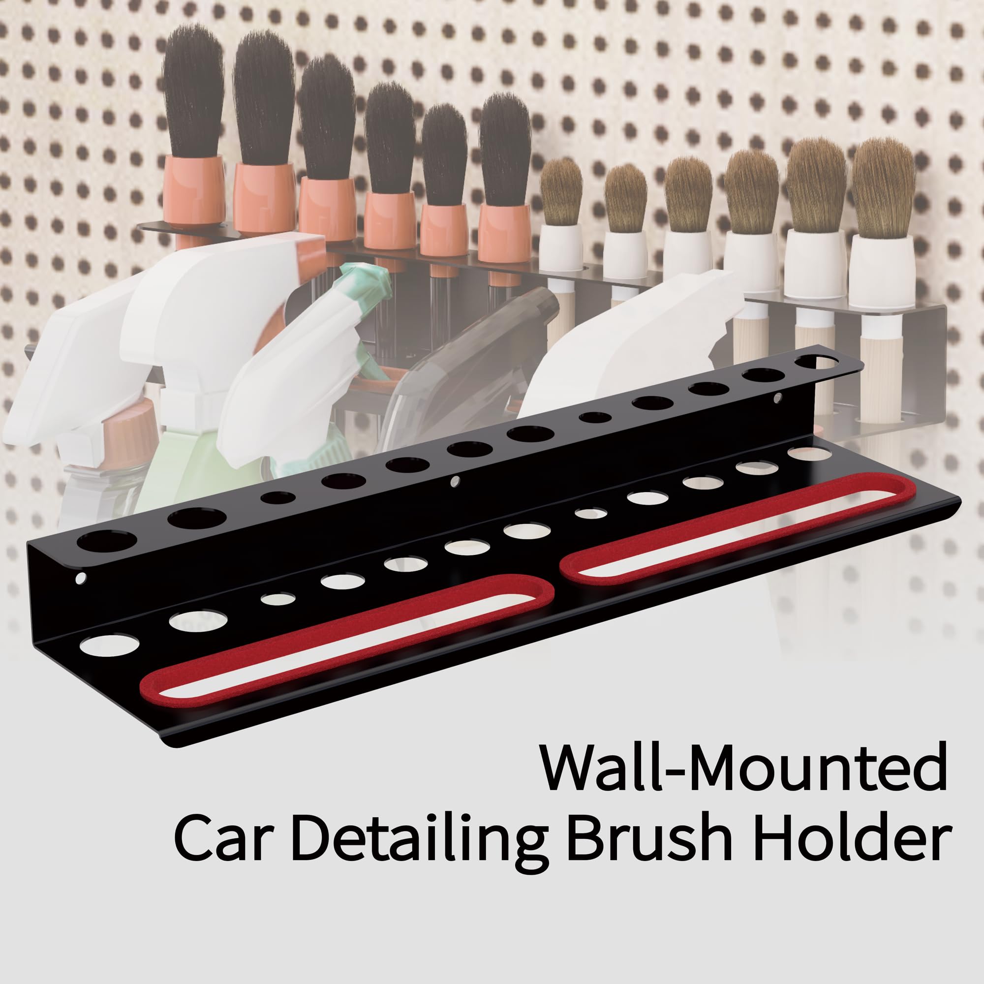 Wall Mount Brush & Spray Bottle Holder Combo Rack for Garage, Detailing Organizer with Mounting Hardware - Holds 12 Brushes + Hanging Rail for Bottles