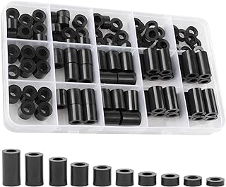 Exqutoo Black ABS Round Washers ID 6.2mm,OD 11mm, 3mm 4mm 5mm 6mm 8mm 10mm 15mm 18mm 20mm Length, Assortment Kit, Non-Threaded, Suitable for M6 Screws Hardware Spacer Bracket