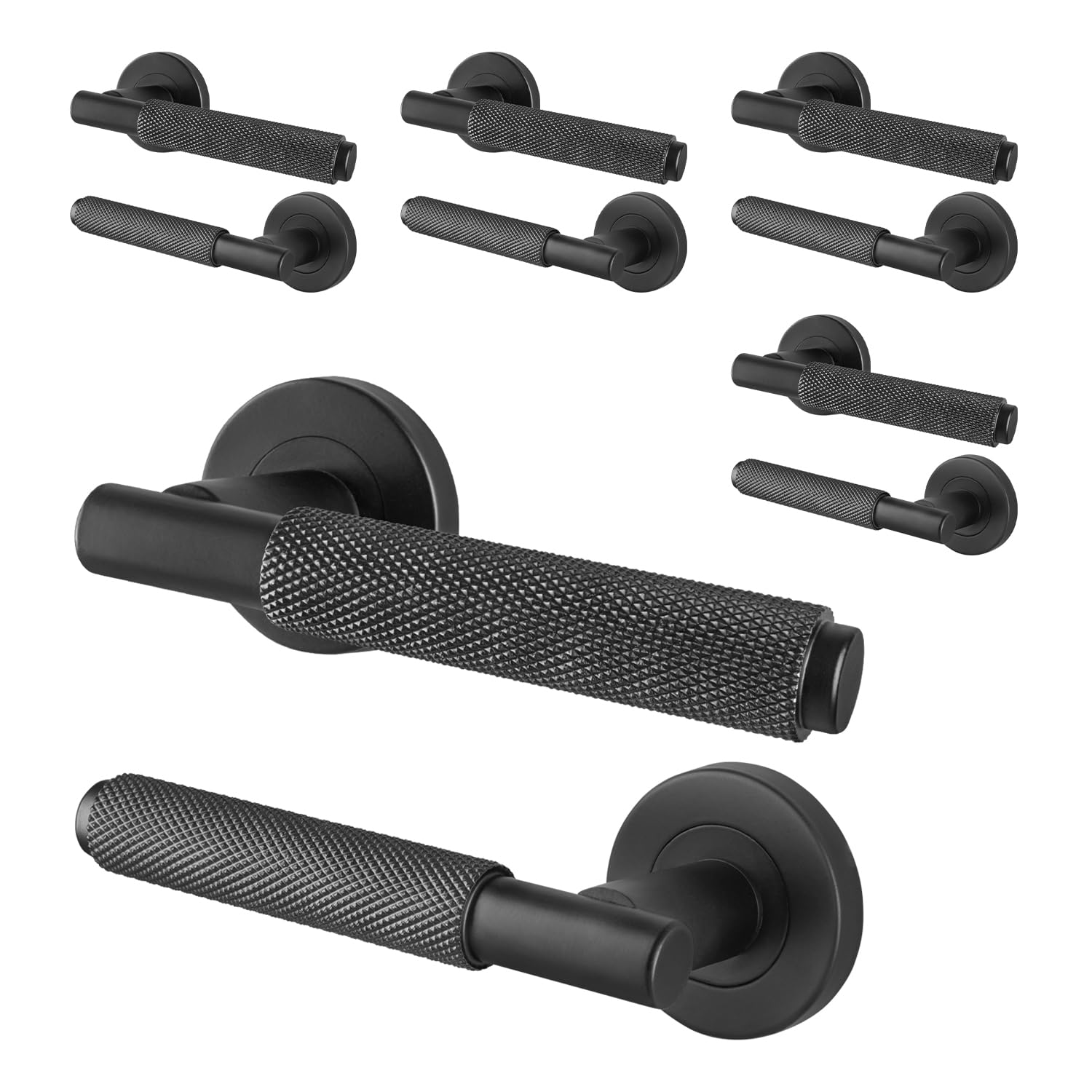 EAI Black Knurled Door Handles, 5 Pairs of Internal Matt Black Lever on Rose Round Handles - Dolton Range โ image 1