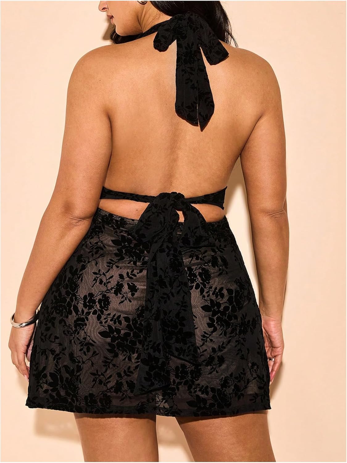 Floerns Women's Plus Size Floral Lace Halter Dress Sleeveless Tie Open Back Night Out Dresses - Image 3