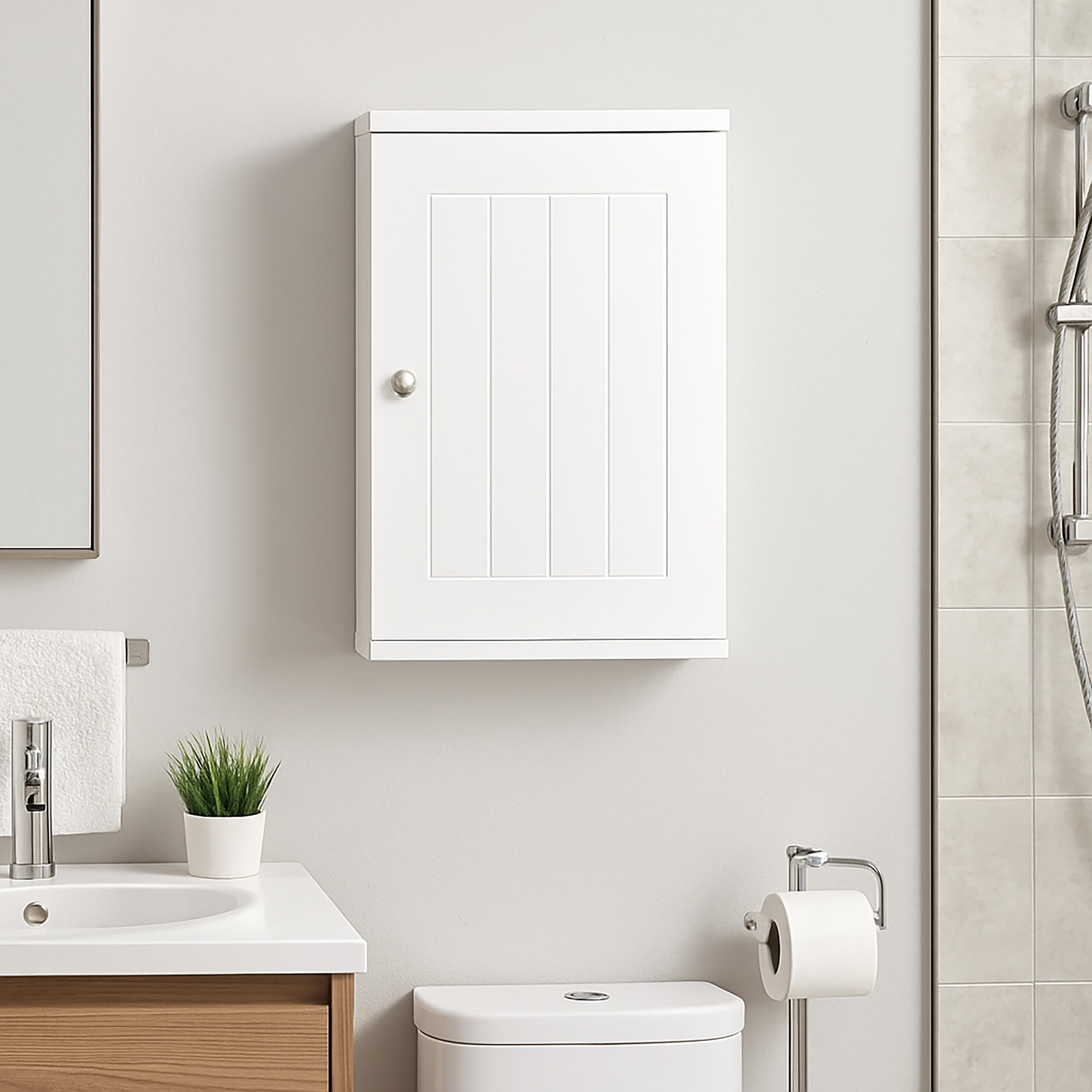 Armadietto pensile da Bagno Relaxdays, 2 Scomparti, HLP: 50 x 30 x 14 cm, Chiusura Magnetica, Stile Rustico, Bianco