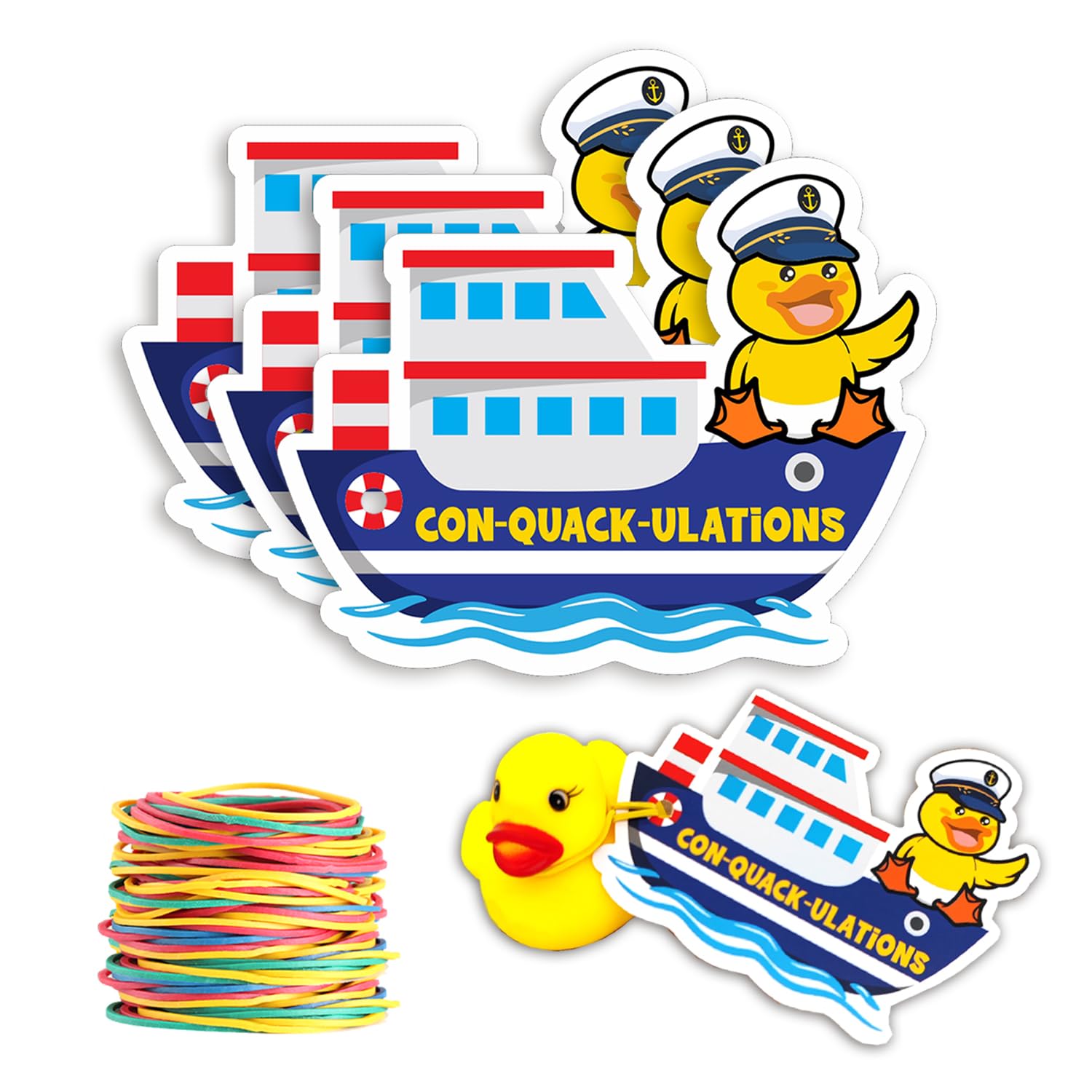 ConQuackulations 35Pack Duck Tags for Cruising - Ship Design, Round Hole, 35 Rubber Bands (Cruise Duck-2)