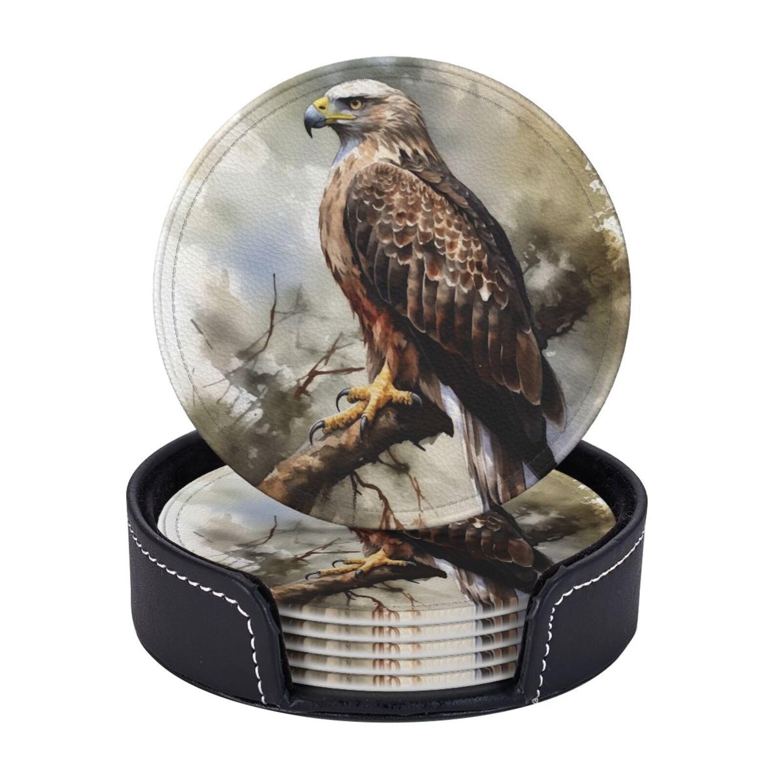 Round Coasters for Drinks Set of 6 - PU Leather Coasters with Holder - Modern Drink Coasters for Coffee Table - Watercolor of Hawk Sitting in The Tree Coaster for Tabletop Protection 4" Cup Mat Pad