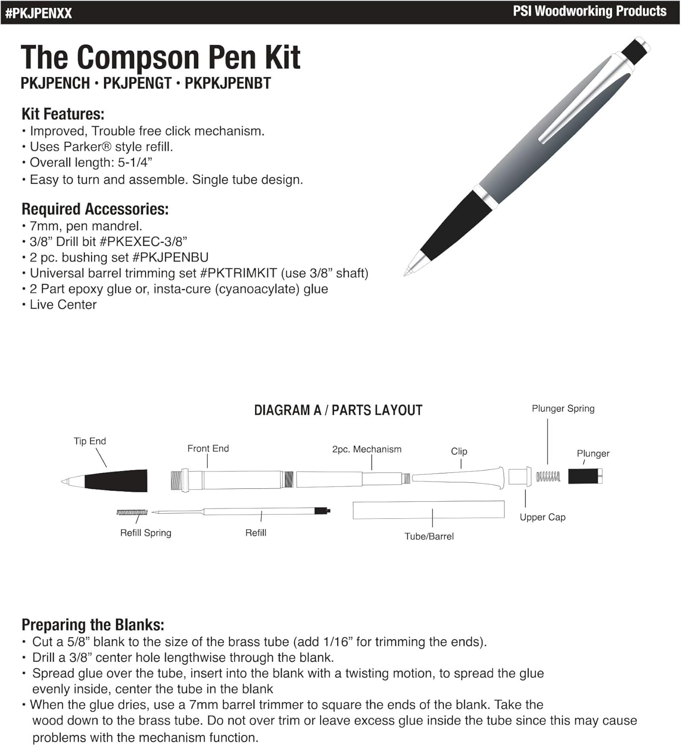 Penn State Industries PKCOMPSS The Compson Click Ballpoint Pen Kit Starter Package Woodturning Project