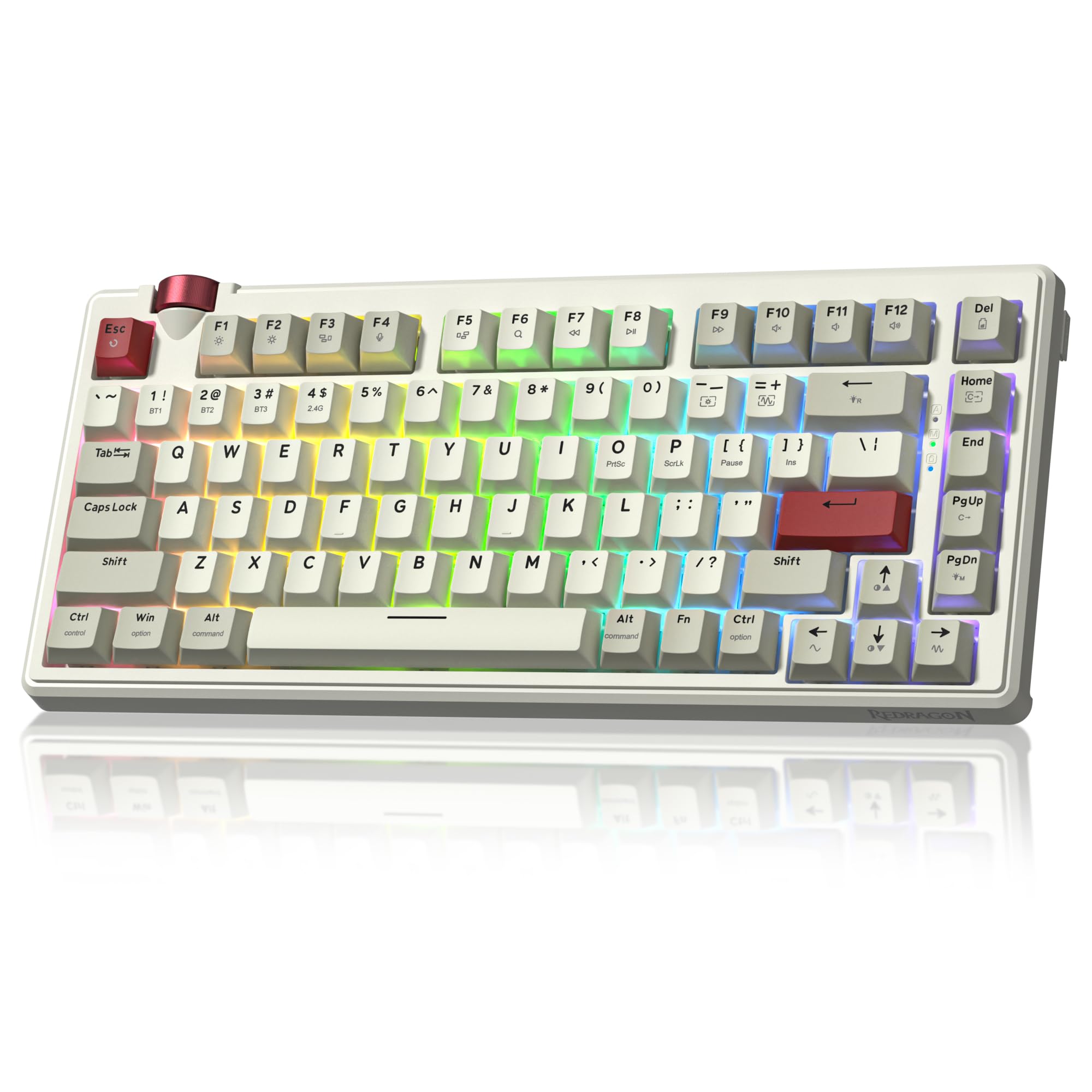 Redragon K777 - Tastiera meccanica da gioco wireless al 75%, sostituibile a caldo, con manopola, suono cremoso Thocky, tri-mode BT5.0/2,4 GHz/USB-C, North-Facing RGB, per PC e Mac (grigio e beige)
