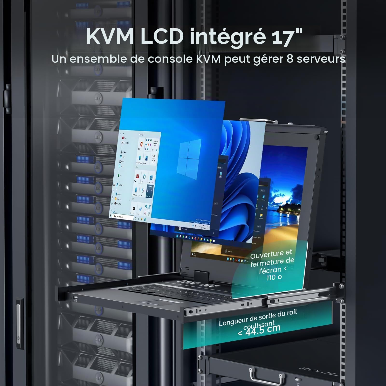 MT-VIKI 1U 17 pouces LCD Console KVM 8 ports KVM VGA Switch Rackmount avec console intégrée pour armoire 1U 600-800mm Touchpad clavier tiroir Hotkey OSD