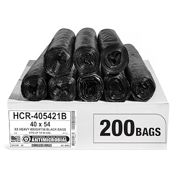 Aluf Plastics High Density Black Trash Bags, 55-60 Gallon, 200 Count, 21 Micron eq For Bathroom, Office, Industrial, Commercial, Janitorial, Municipal, Recycling