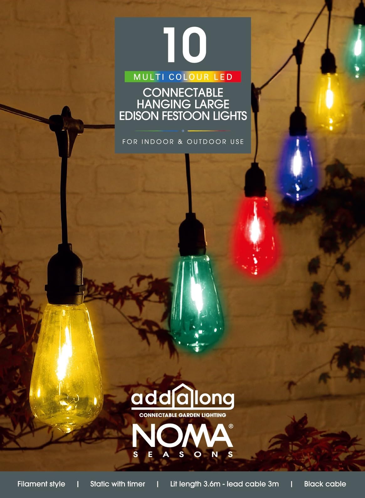Noma Connectable Edison Drop Festoon Garden Lights, 10 Large Multicolour LED's, 6.8 m