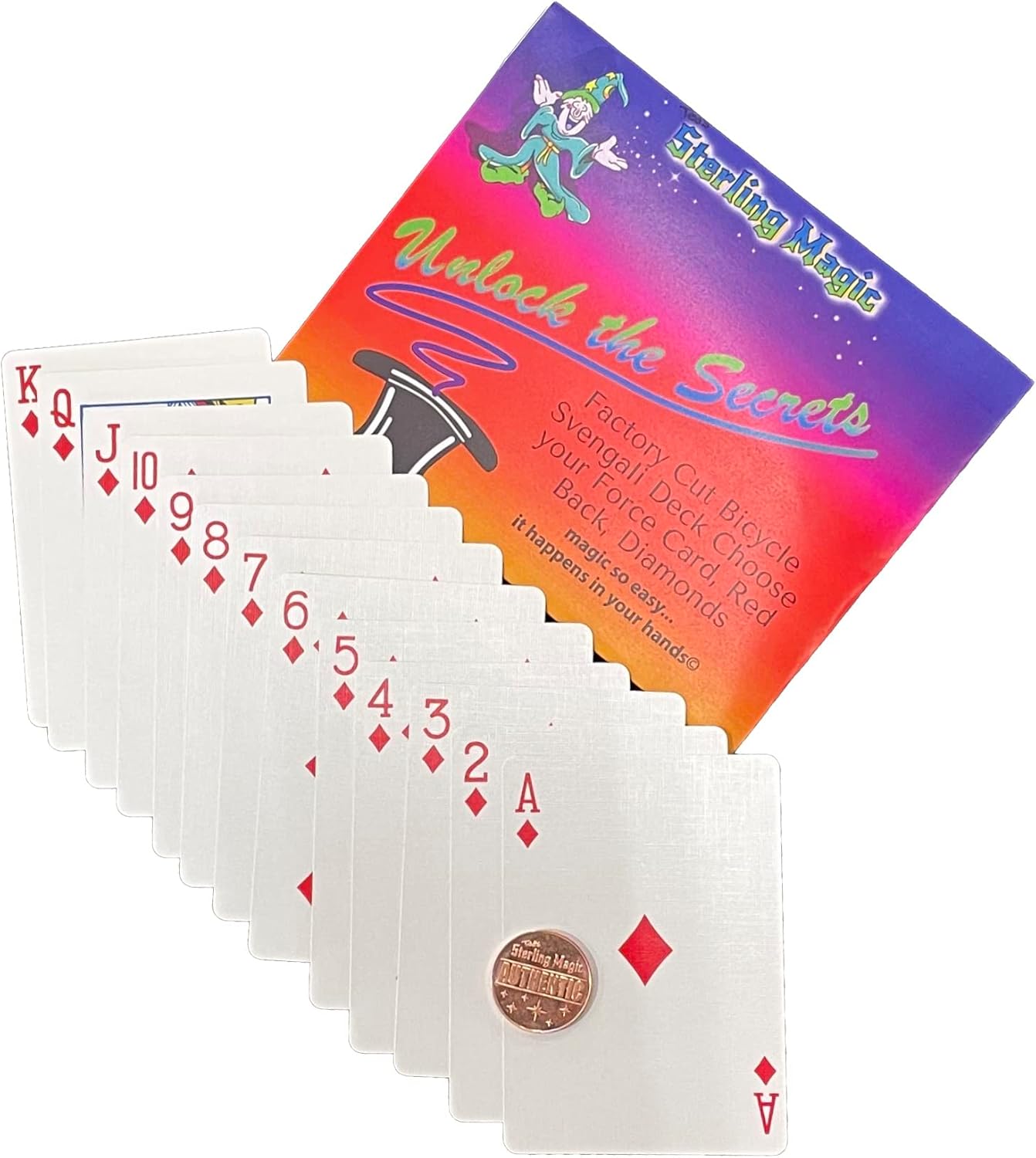 Ted's Sterling Magic Bicicleta Svengali Deck Trick en la parte trasera roja, traje de diamantes, elige tu tarjeta de fuerza (Queen)