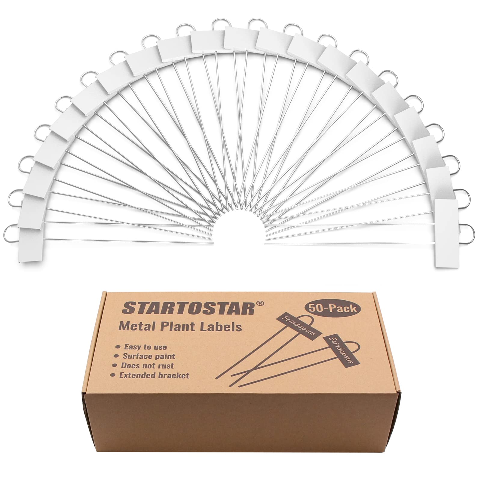 STARTOSTAR Etykiety do roślin zewnętrznych, 50 szt., metalowe znaczniki ogrodowe, 9 x 3 cm do warzyw, ziół, kwiatów, sadzonek, wielokrotnego użytku i warunków atmosferycznych, białe
