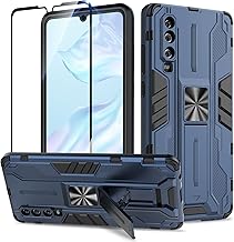 Huawei P30 Case with Tempered Glass, Outdoor Shockproof Military Grade Case with Kickstand Anti Scratch Compatible Magnetic Car Mount - Blue