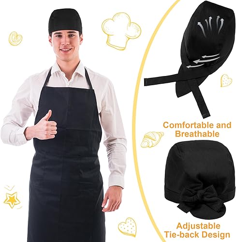 Miniatura 5 de Chuarry Sombrero de chef ajustable con lazo en la espalda, gorra de chef para chefs, bandana de calavera, sombrero de cocinero negro para hombres y